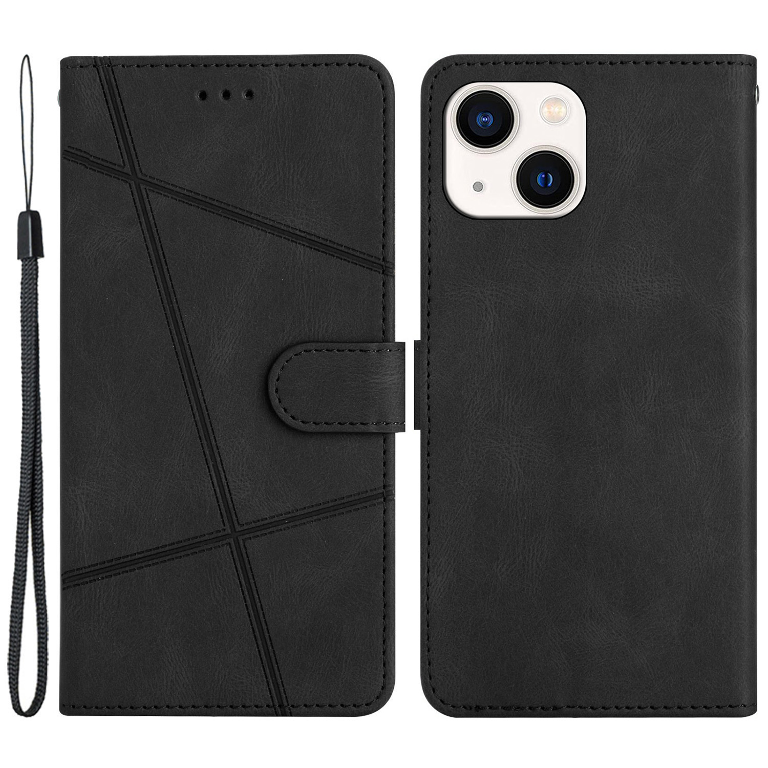 

For iPhone 13 6.1 inch Phone Cover Imprinted Line Decor Wallet Crazy Horse Texture Stand Leather Phone Case with Strap - Black, iPhone 13