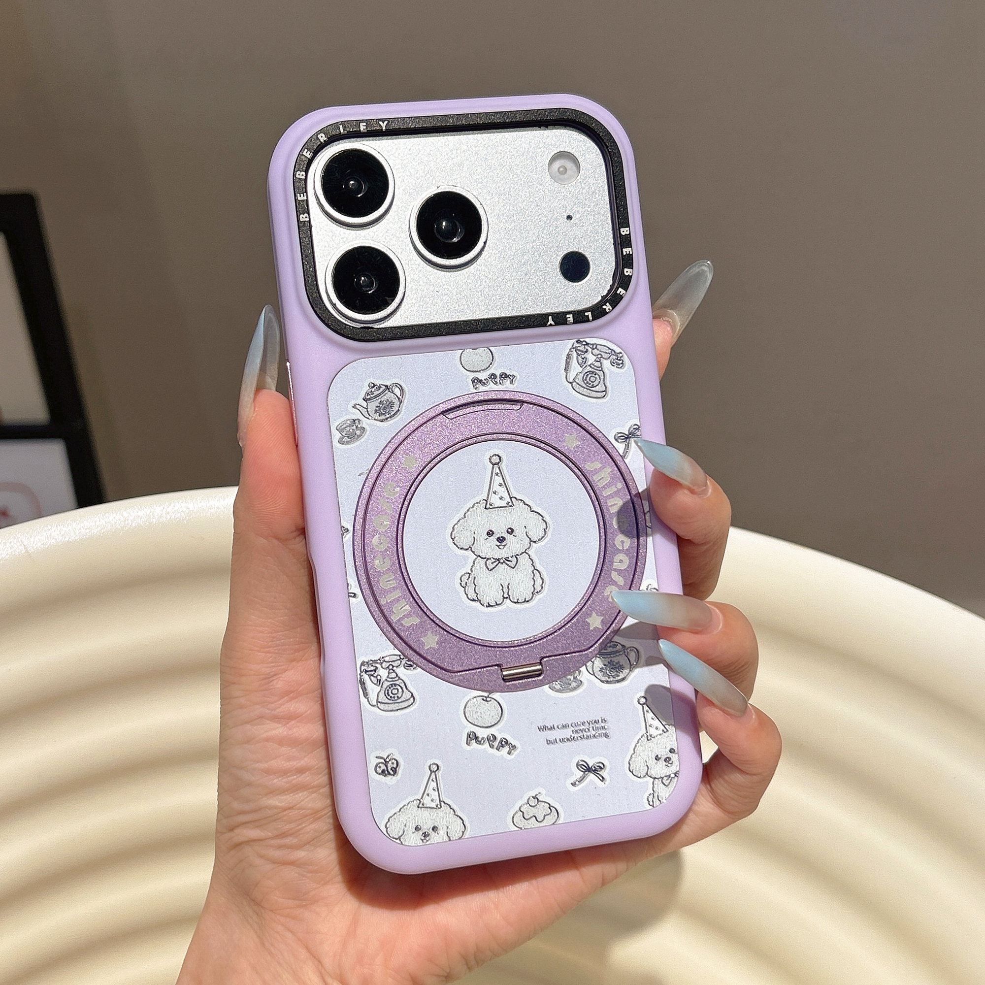 For iPhone 17 Pro Mobile Phone Case Cartoon Dog Pattern PC Protective Cover with 360° Magnetic Rotating Kickstand - Purple