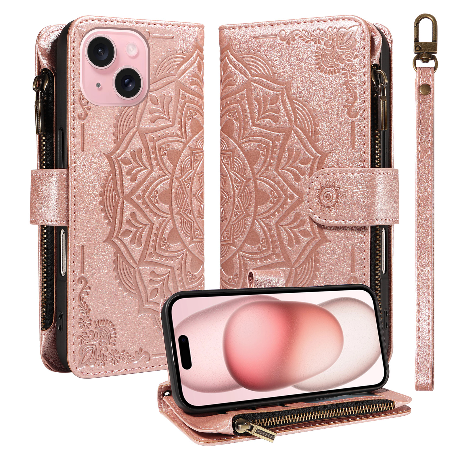 For iPhone 15 Wallet Case Mandala Embossed Leather Flip Cover 9 Card Slots Zipper Pocket RFID Blocking Shell with Wrist Strap - Rose Gold