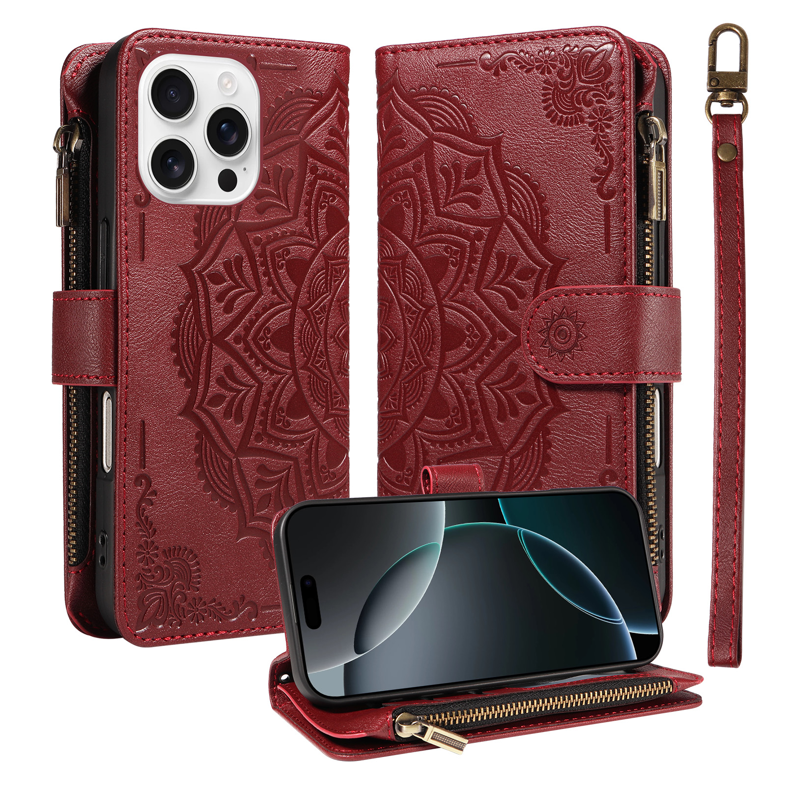 For iPhone 16 Pro Wallet Case Mandala Embossed Leather Flip Cover 9 Card Slots Zipper Pocket RFID Blocking Shell with Wrist Strap - Wine Red
