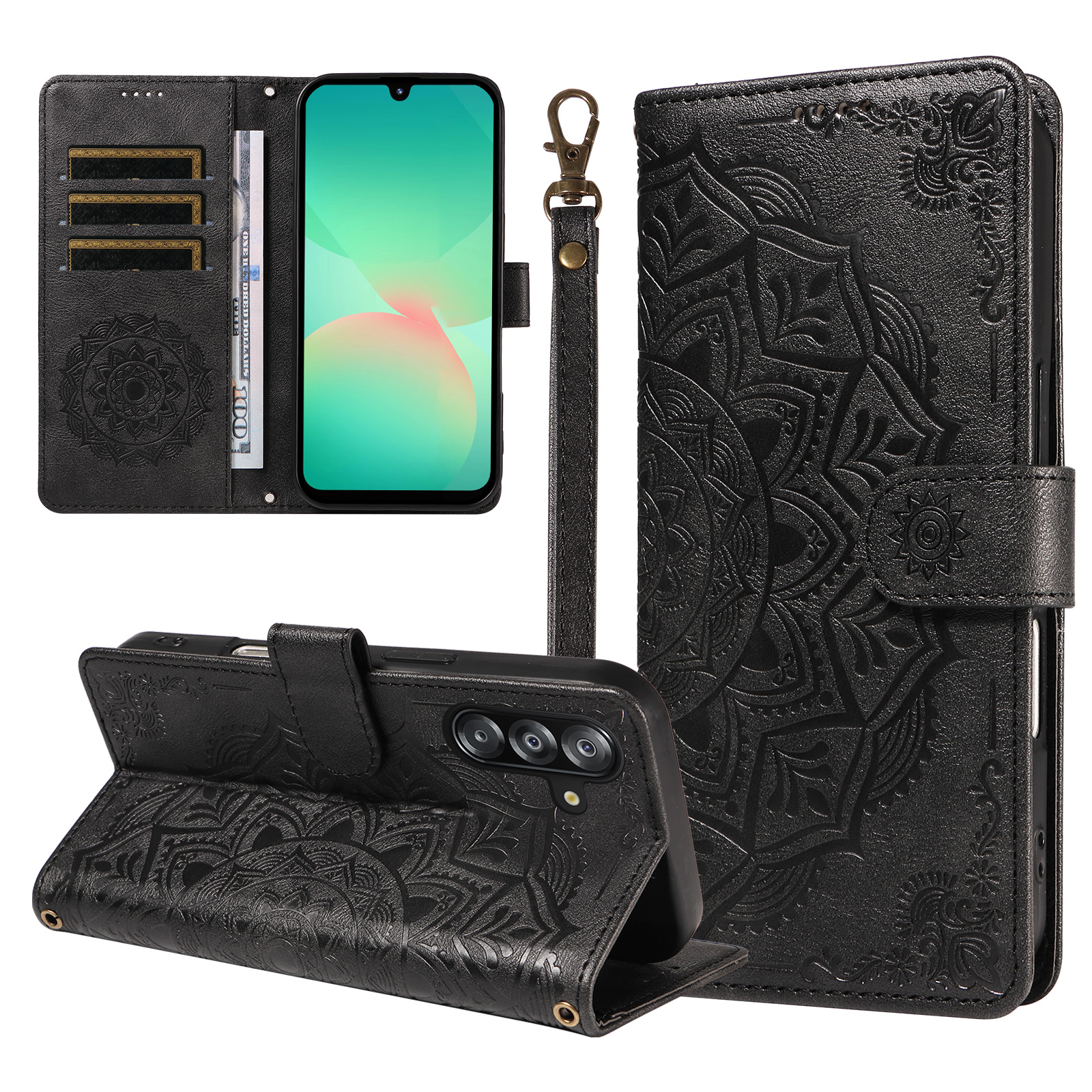 For Samsung Galaxy A16 5G / Galaxy A16 4G / Galaxy A17 5G / Galaxy A26 5G Wallet Case Embossed Mandala Pattern PU Leather + TPU Cover with Wrist Strap