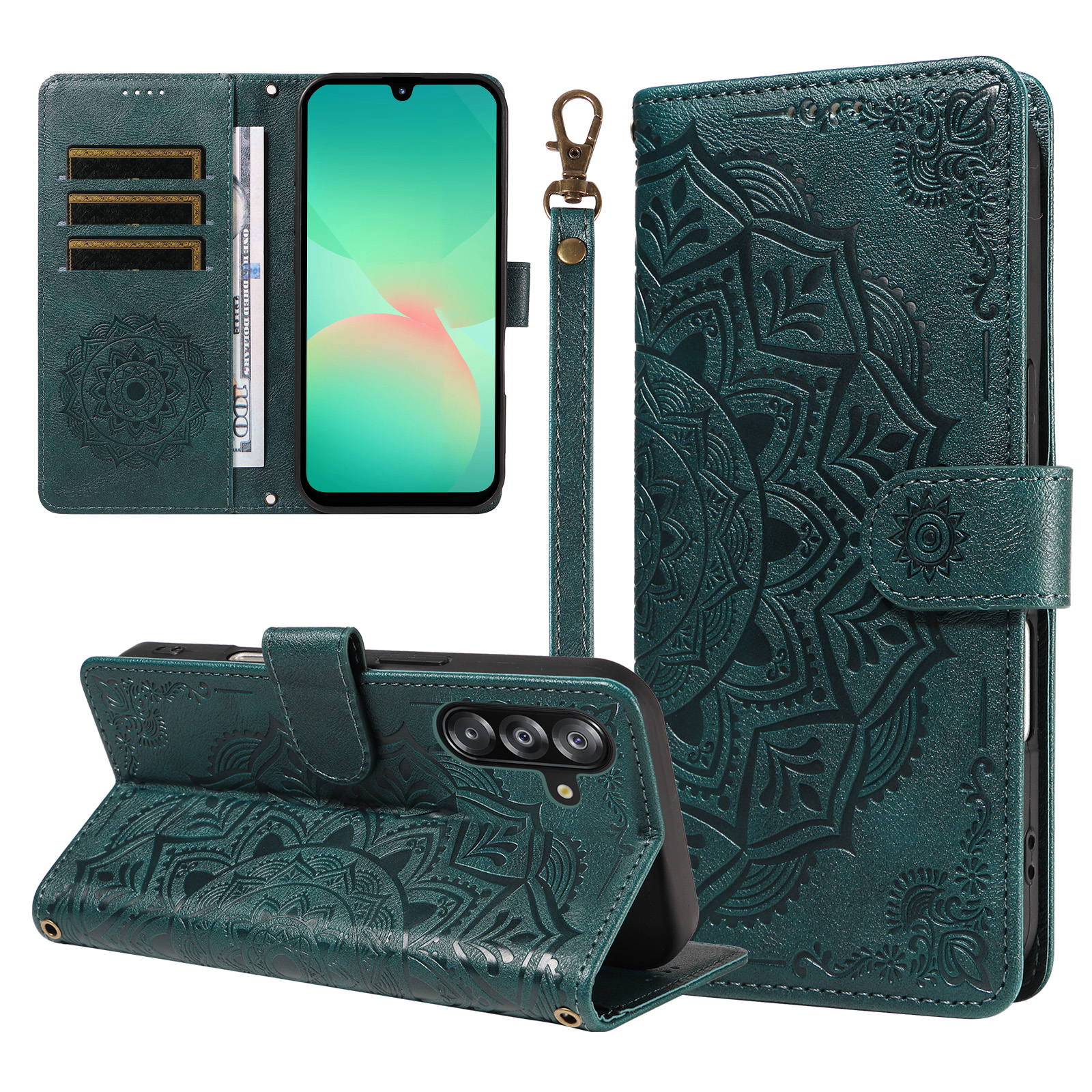 For Samsung Galaxy A16 5G / Galaxy A16 4G / Galaxy A17 5G / Galaxy A26 5G Wallet Case Embossed Mandala Pattern PU Leather + TPU Cover with Wrist Strap