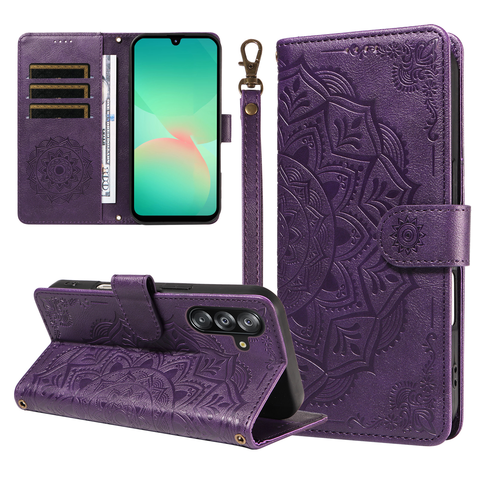 For Samsung Galaxy A16 5G / Galaxy A16 4G / Galaxy A17 5G / Galaxy A26 5G Wallet Case Embossed Mandala Pattern PU Leather + TPU Cover with Wrist Strap
