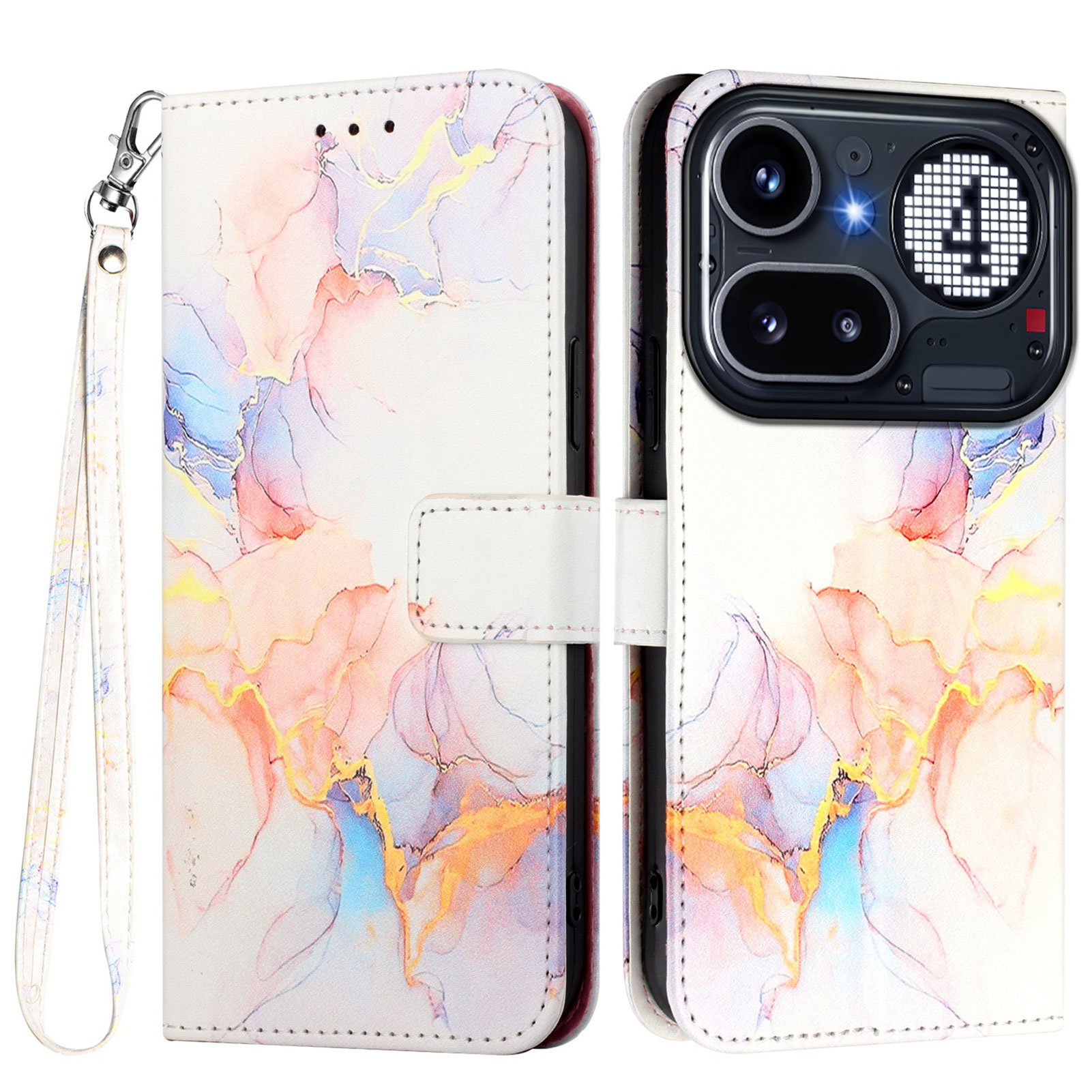 For Nothing Phone (4a) Pro Case with Strap Marble Pattern Leather Phone Cover Card Holder - Milky Way Marble White LS004
