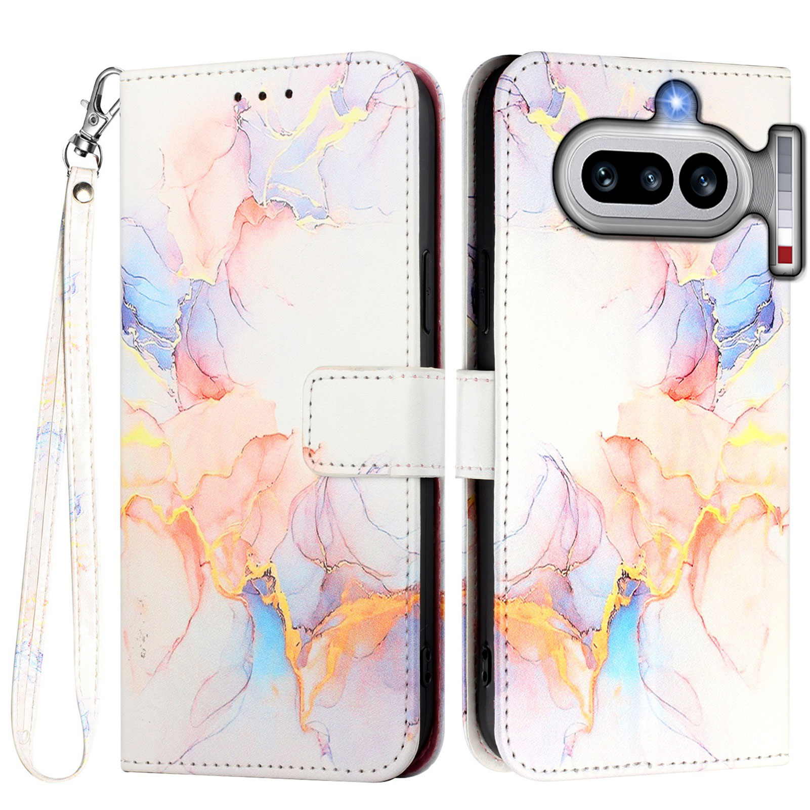 For Nothing Phone (4a) Case with Strap Marble Pattern Leather Phone Cover Card Holder - Milky Way Marble White LS004