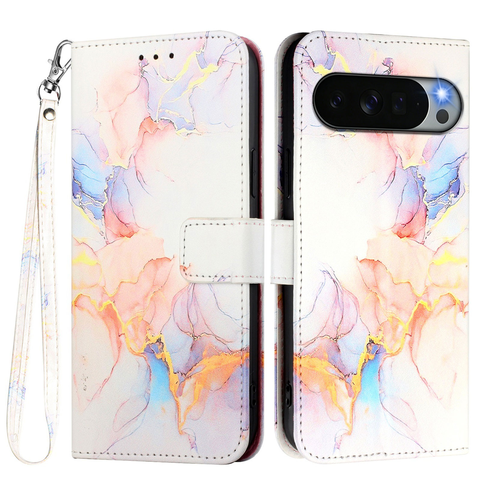 For Google Pixel 11 Pro XL Case with Strap Marble Pattern Leather Phone Cover Card Holder - Milky Way Marble White LS004
