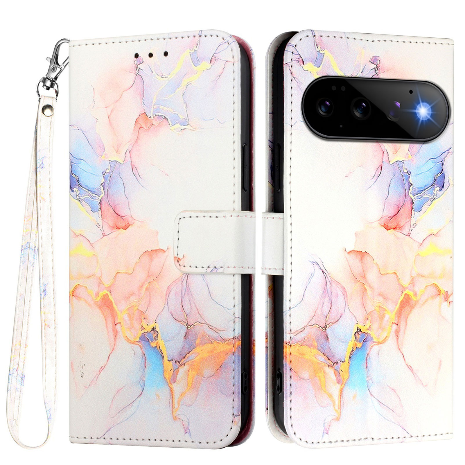 For Google Pixel 11 Pro / Pixel 11 Case with Strap Marble Pattern Leather Phone Cover Card Holder - Milky Way Marble White LS004