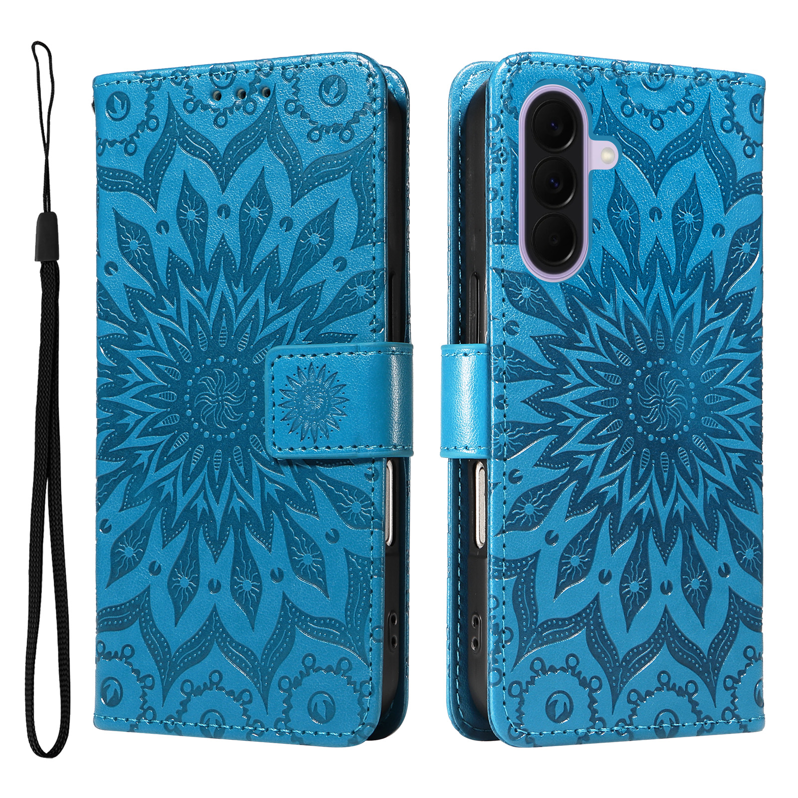 For Samsung Galaxy A27 Leather Wallet Case Sunflower Imprinted Phone Cover - Blue