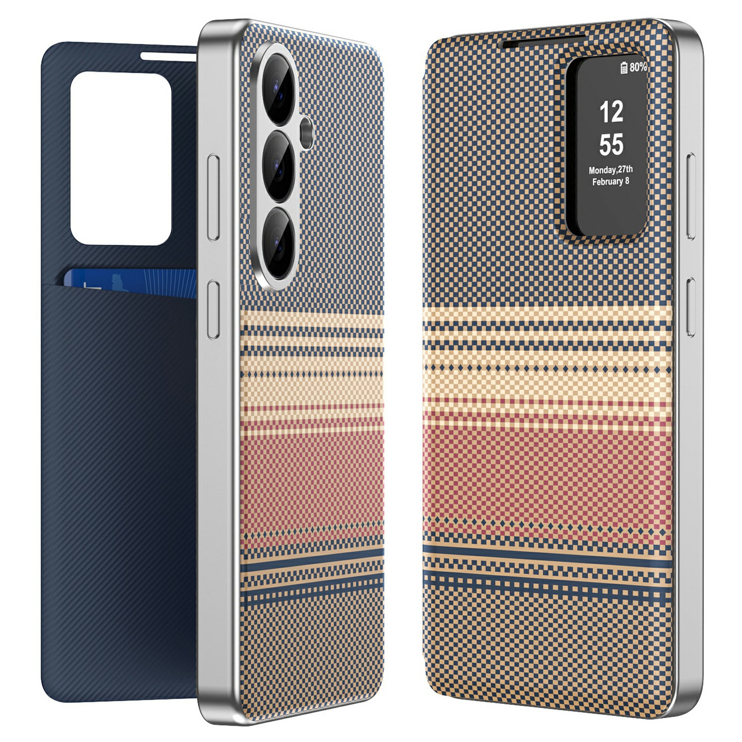 For Samsung Galaxy S26+ Case Card Slot View Window Gradient Color Checkered Pattern Leather Phone Cover - Brown