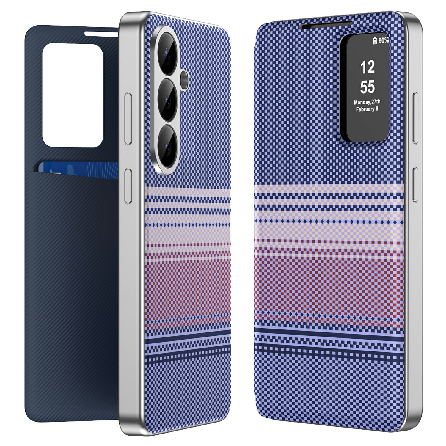 For Samsung Galaxy S26+ Case Card Slot View Window Gradient Color Checkered Pattern Leather Phone Cover - Lavender Purple