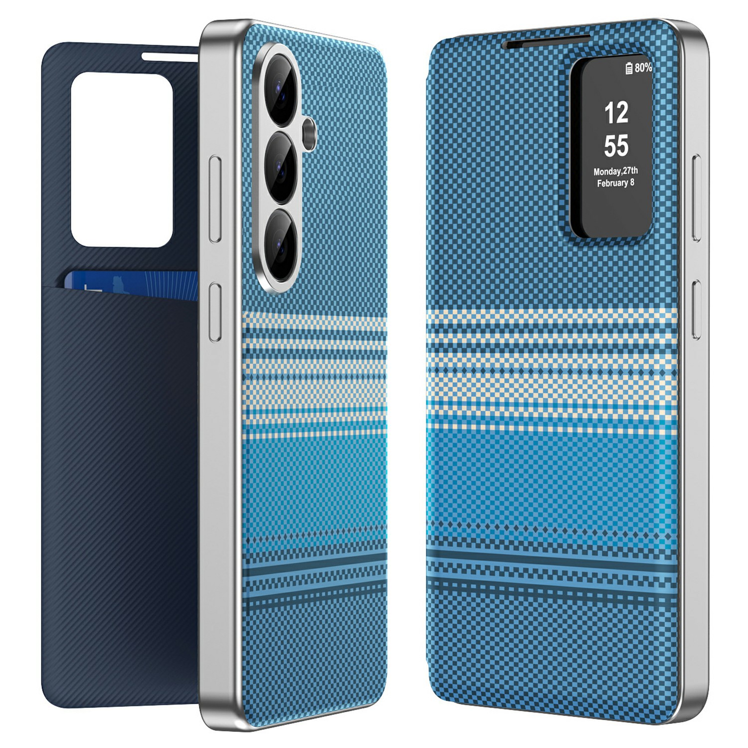 For Samsung Galaxy A37 5G Case Card Slot View Window Gradient Color Checkered Pattern Leather Phone Cover - Blue