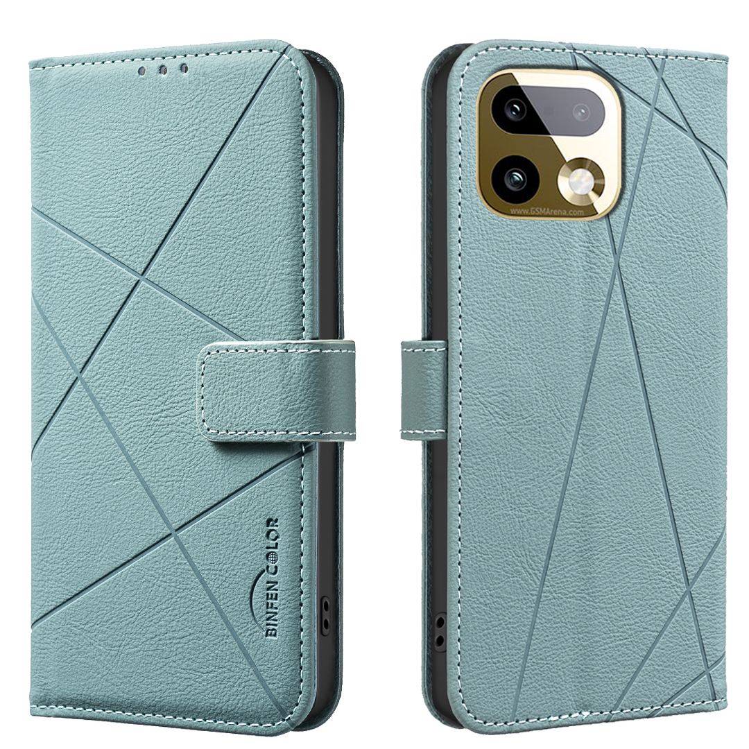BINFEN COLOR for Realme 16 Pro+ 5G BF35 Case Geometry Imprinted Leather Phone Cover RFID Blocking Wallet Stand - Green