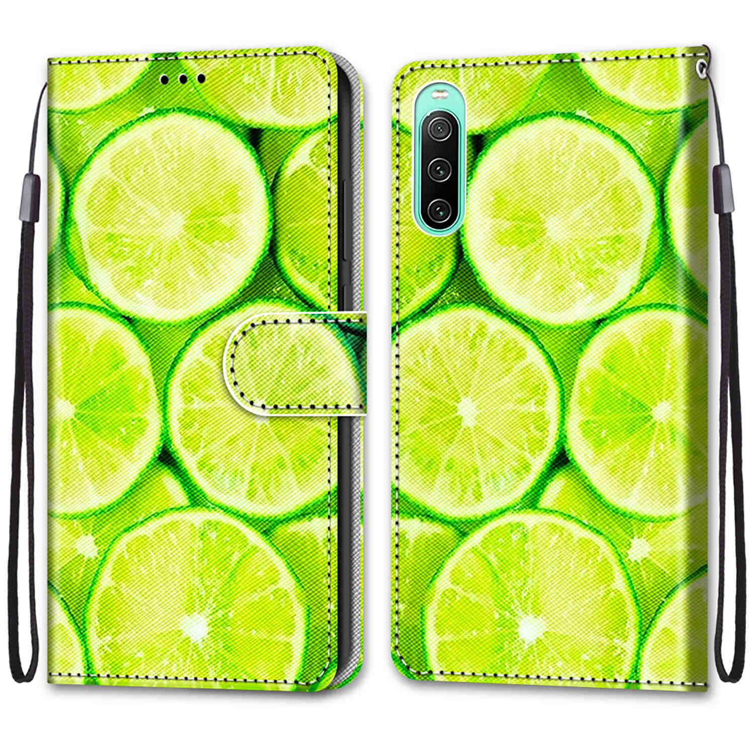 

Für Sony Xperia 10 IV 5G Muster Druckschockdely Wallet Hülle PU Lederständer Flip Telefonabdeckung Mit Handgelenkriemen - B02 Grüne Zitrone, Sony Xperia 10 IV 5G