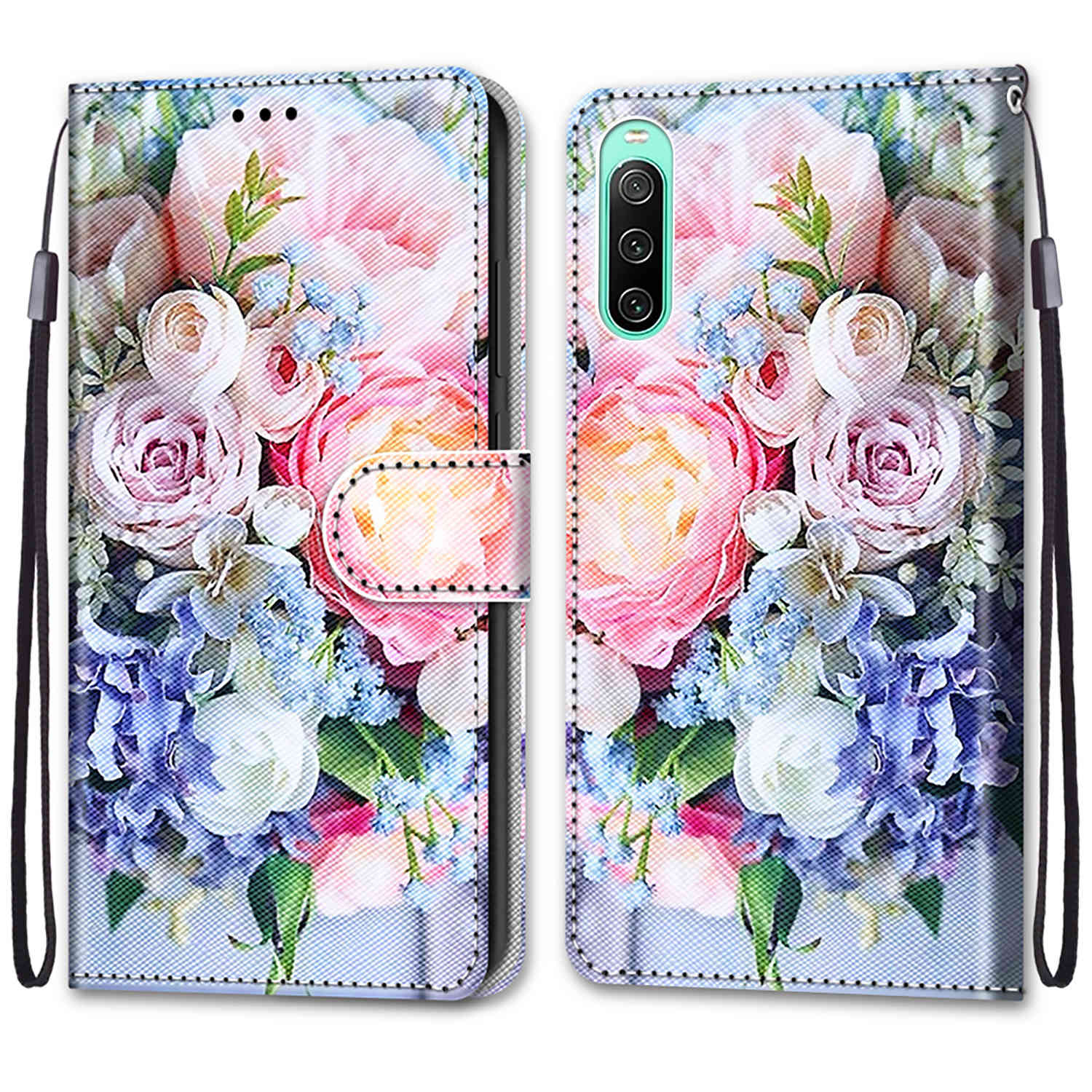 

Für Sony Xperia 10 IV 5G Muster Druckschockdely Wallet Hülle PU Lederständer Flip Telefonabdeckung Mit Handgelenkriemen - B16 Hellrosa Bouquet, Sony Xperia 10 IV 5G