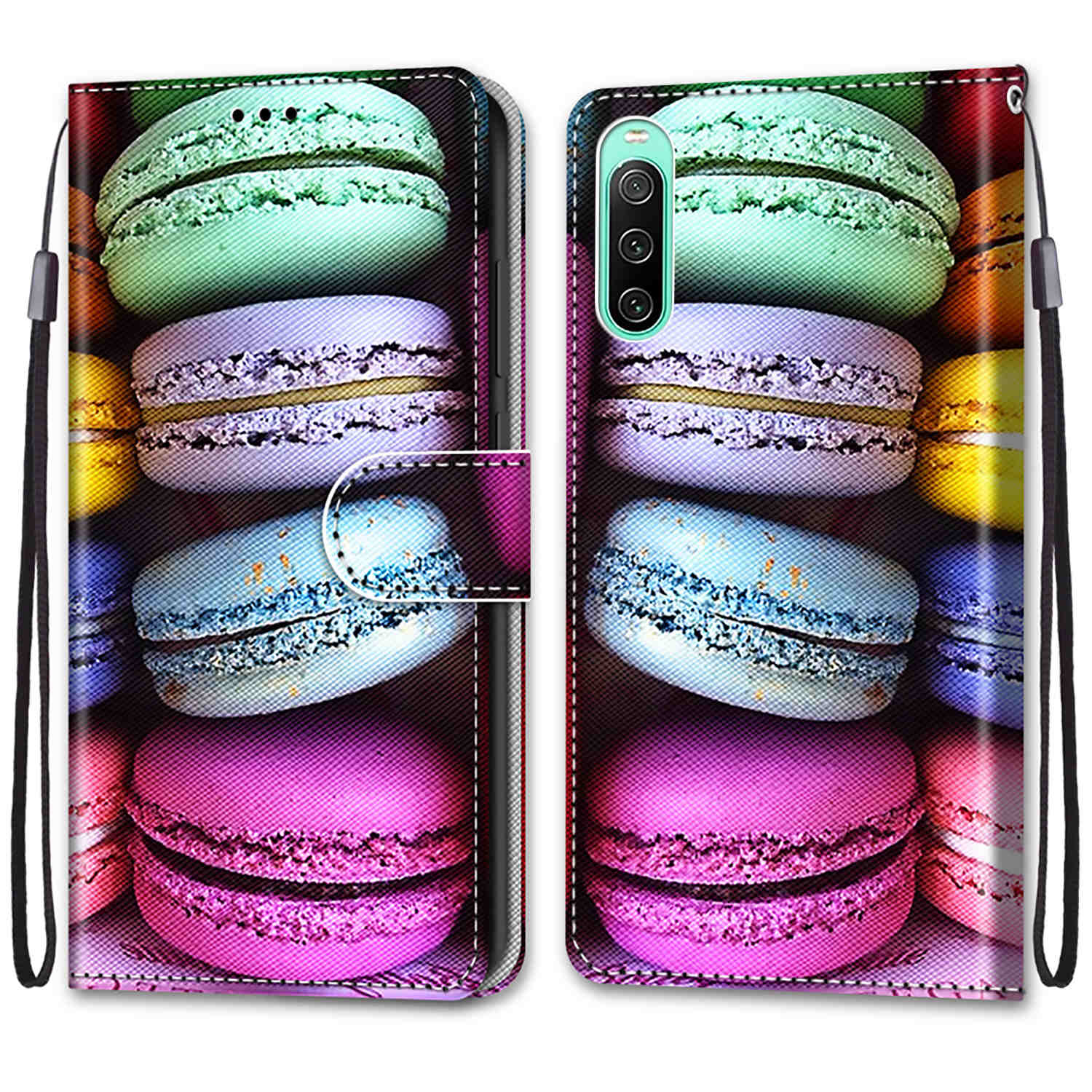 

Für Sony Xperia 10 IV 5G Muster Druckschockdely Wallet Hülle PU Lederständer Flip Telefonabdeckung Mit Handgelenkriemen - B19 Macaron, Sony Xperia 10 IV 5G
