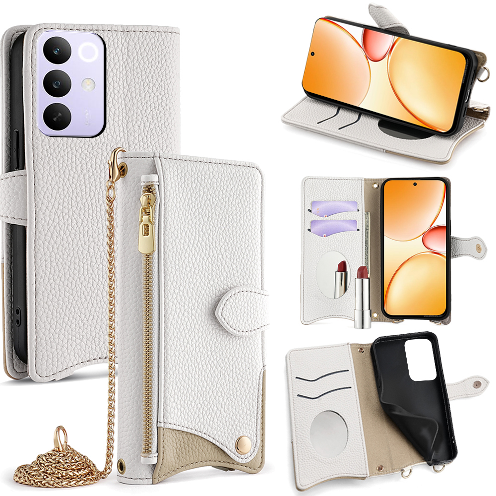 For Realme C85 Pro 4G Leather Case Wallet Stand Cover Irregular Tail Style with Chain Strap - White