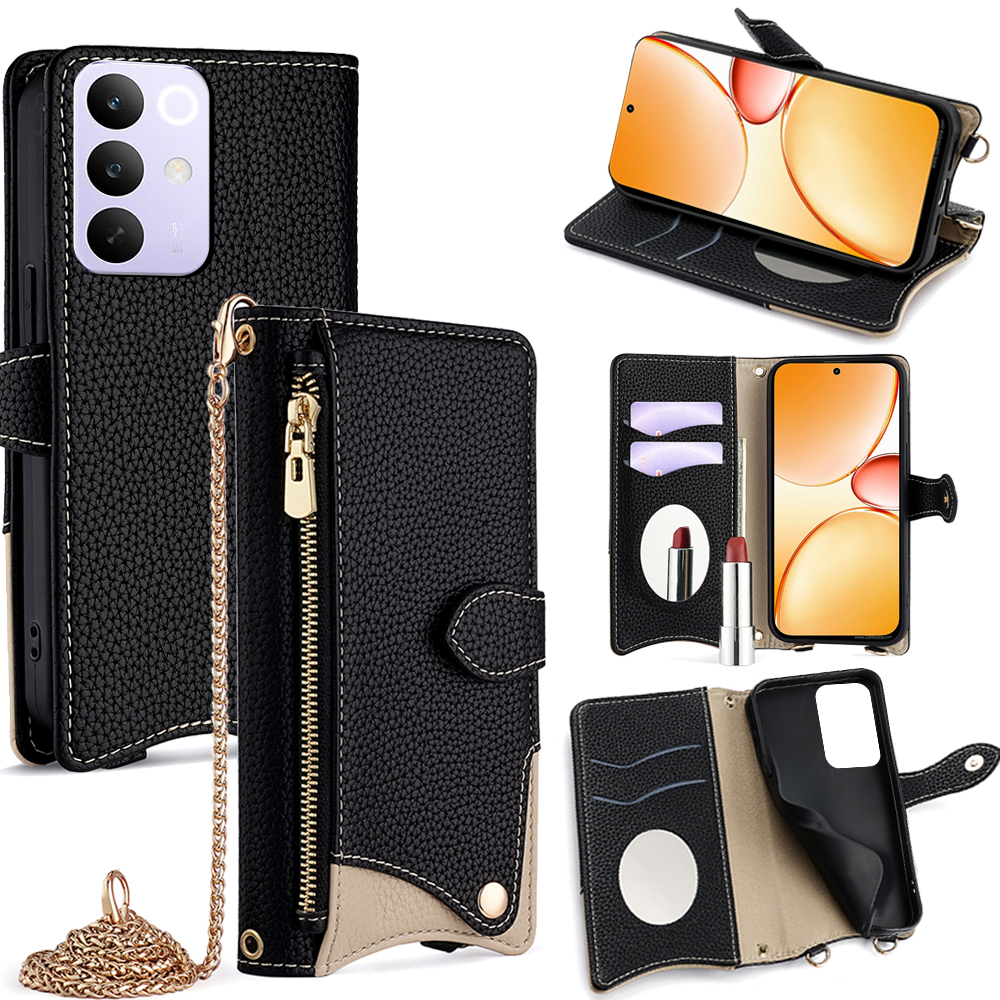 For Realme C85 Pro 4G Leather Case Wallet Stand Cover Irregular Tail Style with Chain Strap - Black