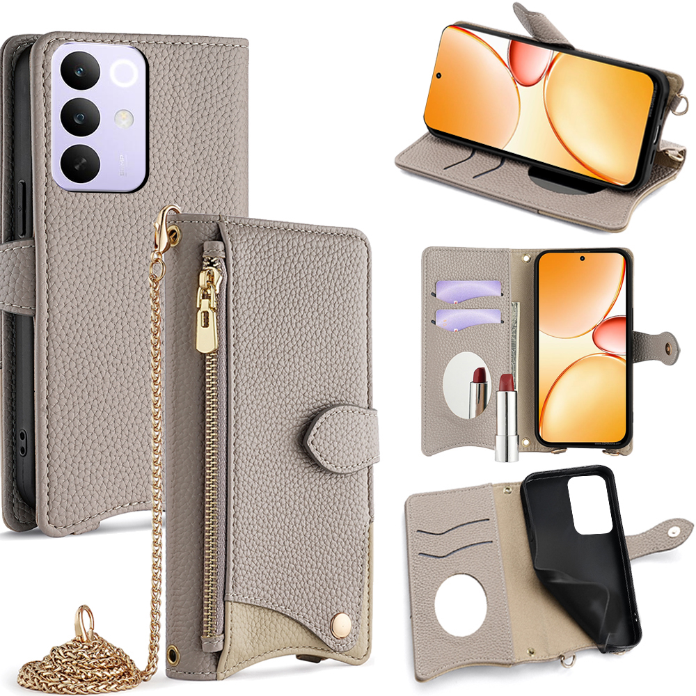 For Realme C85 Pro 4G Leather Case Wallet Stand Cover Irregular Tail Style with Chain Strap - Grey
