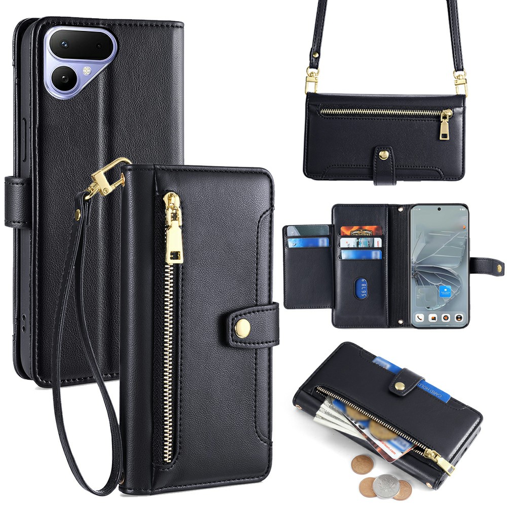 For TECNO Pova Curve 2 5G Leather Case Zipper Pocket Wallet Phone Cover with 2 Straps - Black