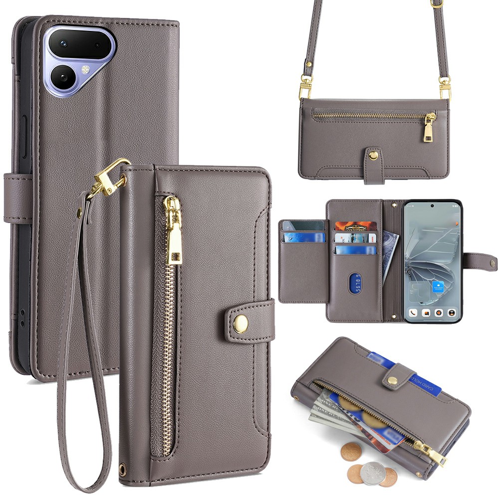 For TECNO Pova Curve 2 5G Leather Case Zipper Pocket Wallet Phone Cover with 2 Straps - Grey