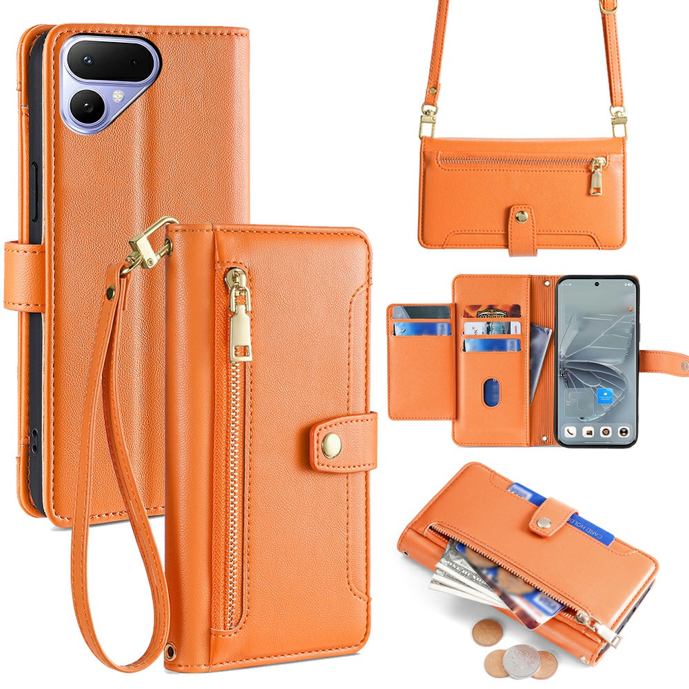 For TECNO Pova Curve 2 5G Leather Case Zipper Pocket Wallet Phone Cover with 2 Straps - Orange
