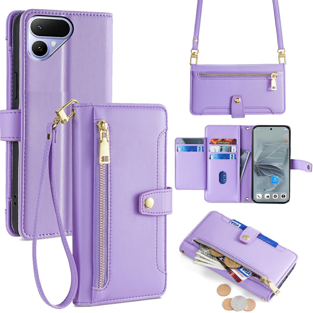 For TECNO Pova Curve 2 5G Leather Case Zipper Pocket Wallet Phone Cover with 2 Straps - Purple