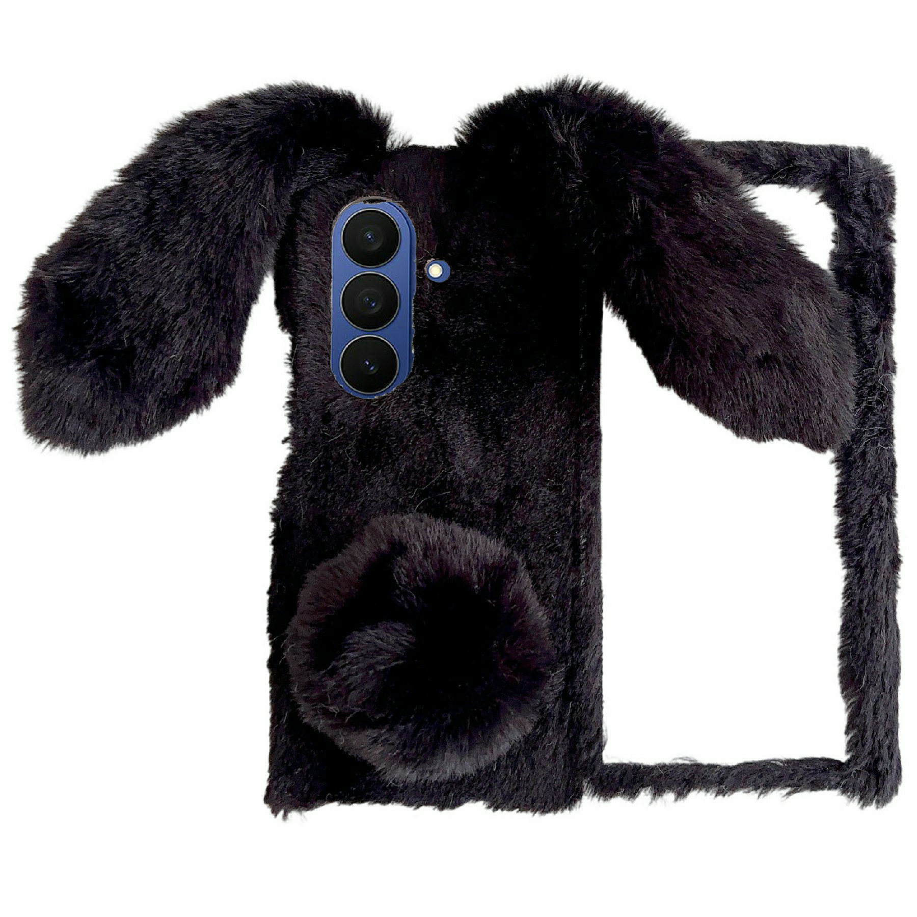 For Samsung Galaxy Z Fold8 Case Bunny Ears Winter Plush Hard PC Phone Cover - Black