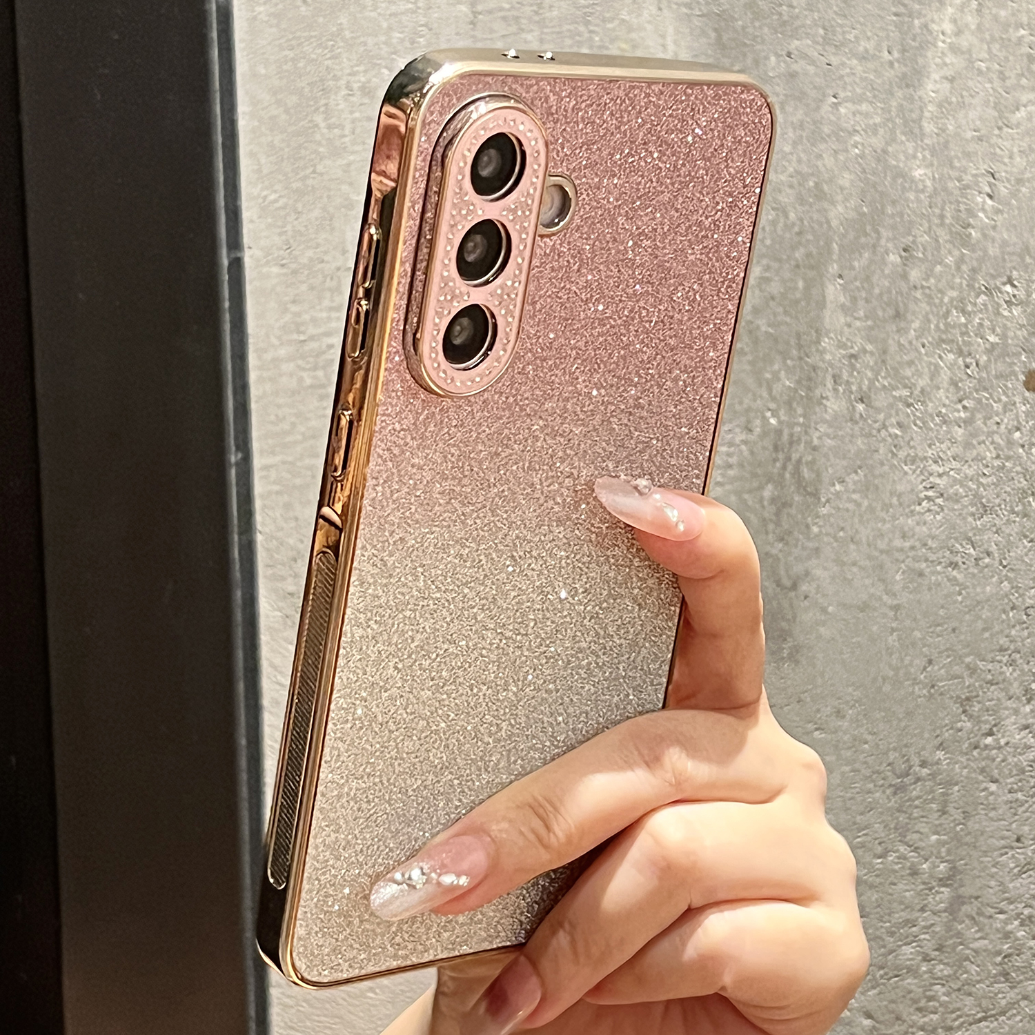 For Samsung Galaxy A56 5G Case Gradient Glitter TPU+PC Phone Cover with Rhinestones Decor Camera Frame - Gradient Pink