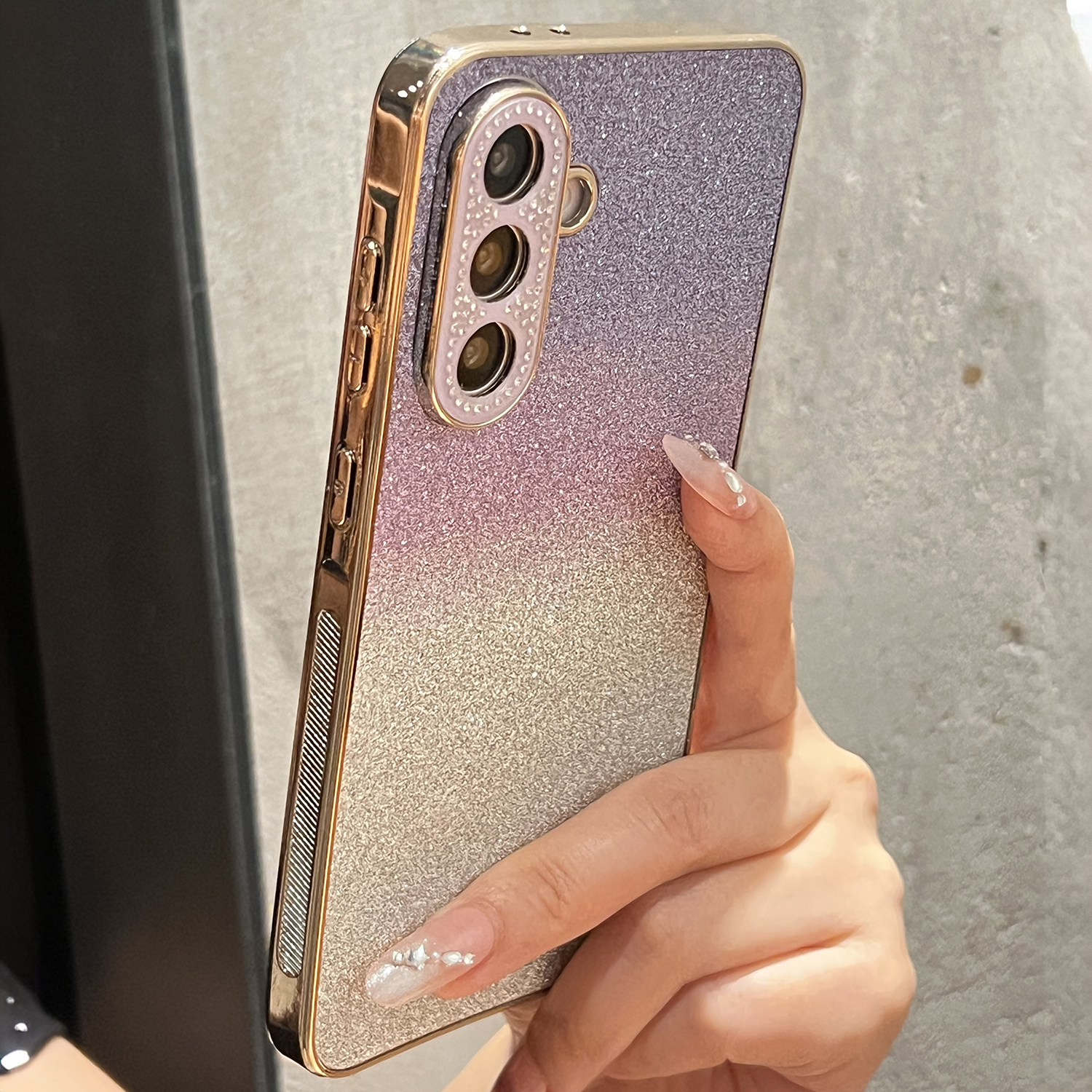 For Samsung Galaxy A56 5G Case Gradient Glitter TPU+PC Phone Cover with Rhinestones Decor Camera Frame - Gradient Purple