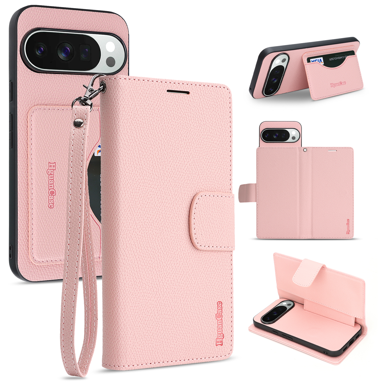 For Google Pixel 10 Pro XL HGUANCASE Case Wallet Stand Detachable Vintage Leather Phone Cover with Wrist Strap - Pink