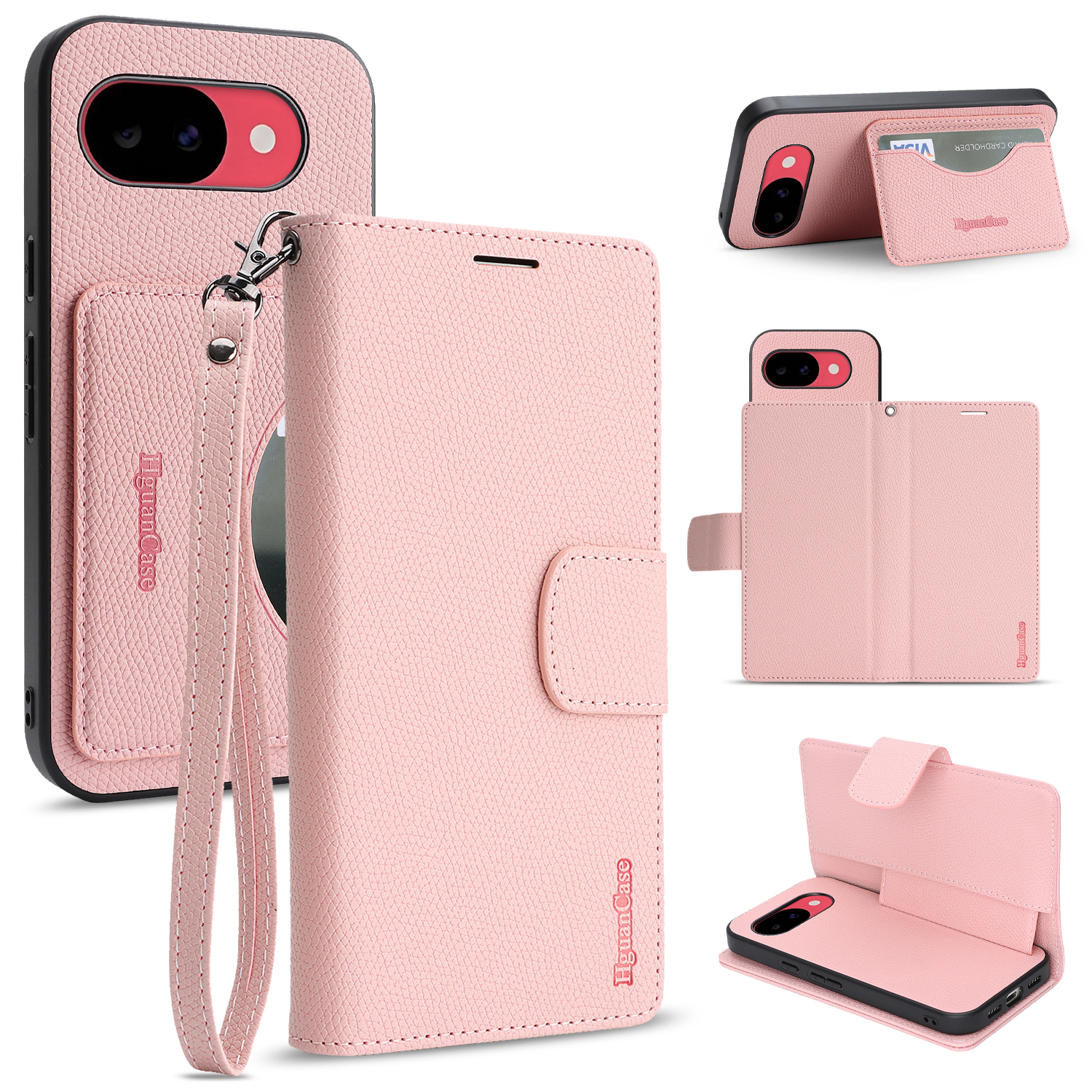 For Google Pixel 10a HGUANCASE Case Wallet Stand Detachable Vintage Leather Phone Cover with Wrist Strap - Pink