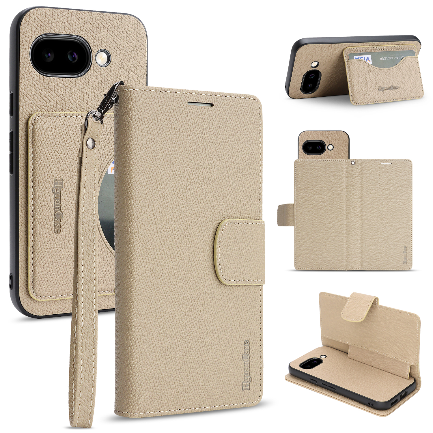 For Google Pixel 9a HGUANCASE Case Wallet Stand Detachable Vintage Leather Phone Cover with Wrist Strap - Apricot