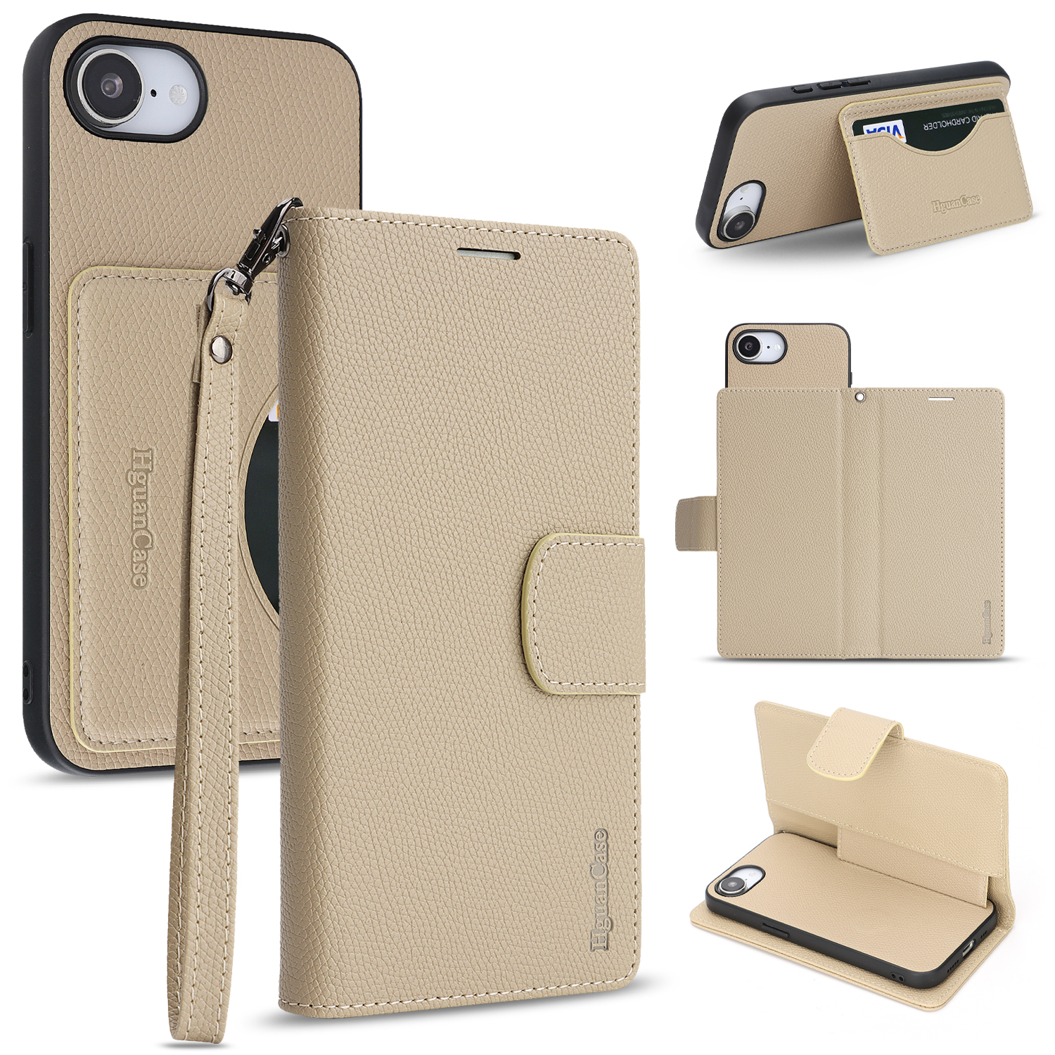 For iPhone 16e / iPhone 17e HGUANCASE Case Wallet Stand Detachable Vintage Leather Phone Cover with Wrist Strap - Apricot