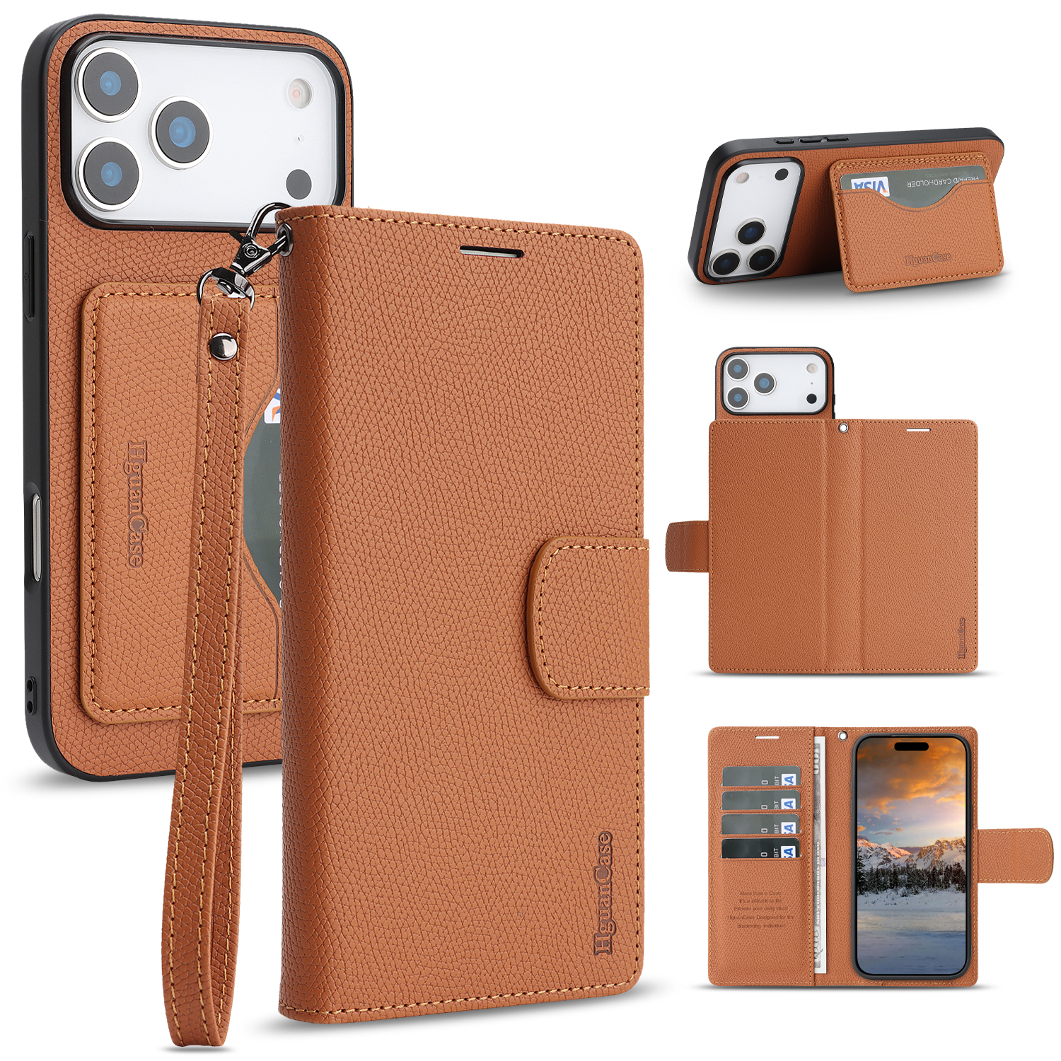 For iPhone 17 Pro HGUANCASE Case Wallet Stand Detachable Vintage Leather Phone Cover with Wrist Strap - Brown