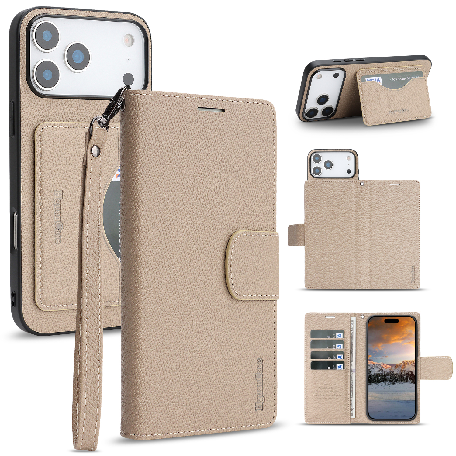 For iPhone 17 Pro HGUANCASE Case Wallet Stand Detachable Vintage Leather Phone Cover with Wrist Strap - Apricot