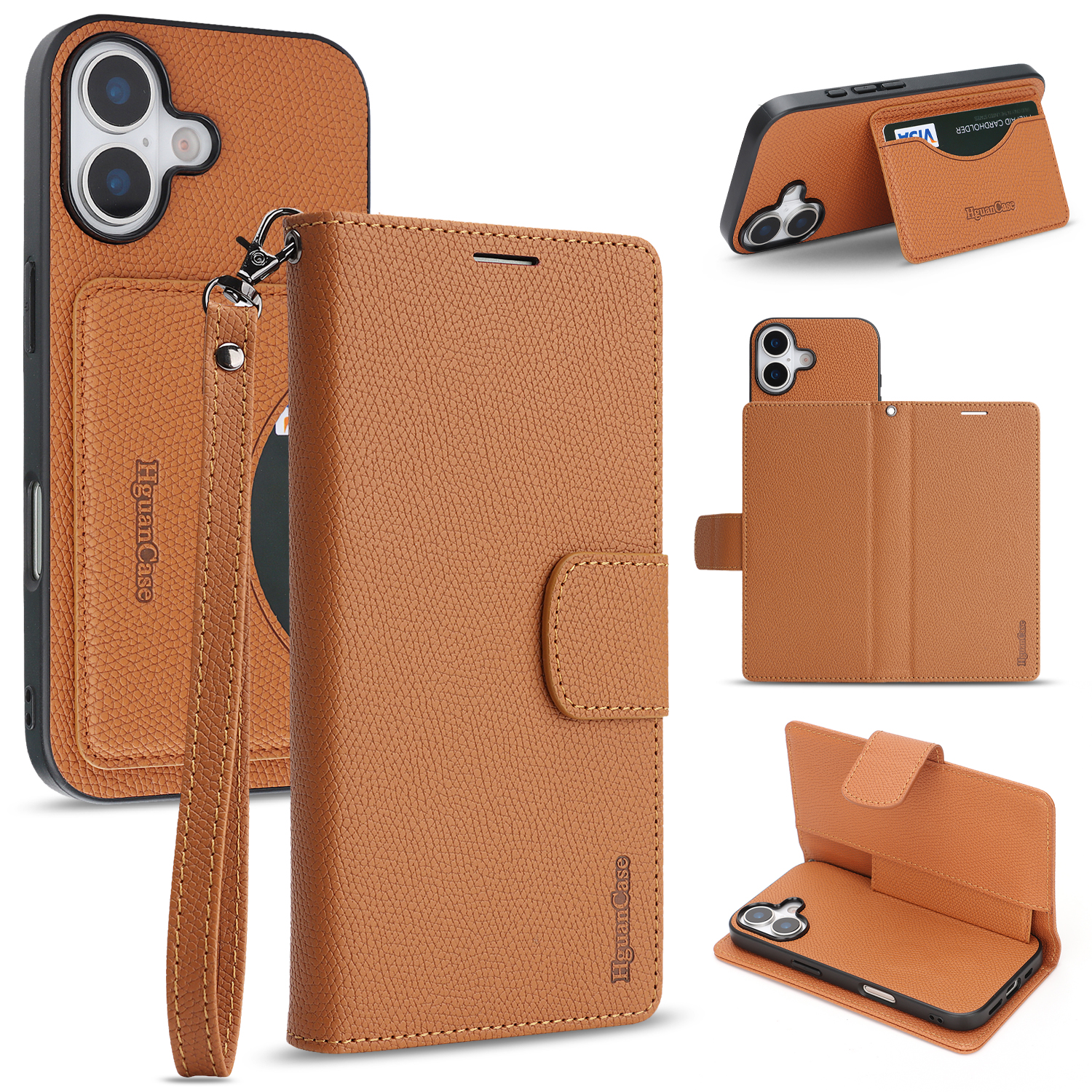 For iPhone 17 HGUANCASE Case Wallet Stand Detachable Vintage Leather Phone Cover with Wrist Strap - Brown
