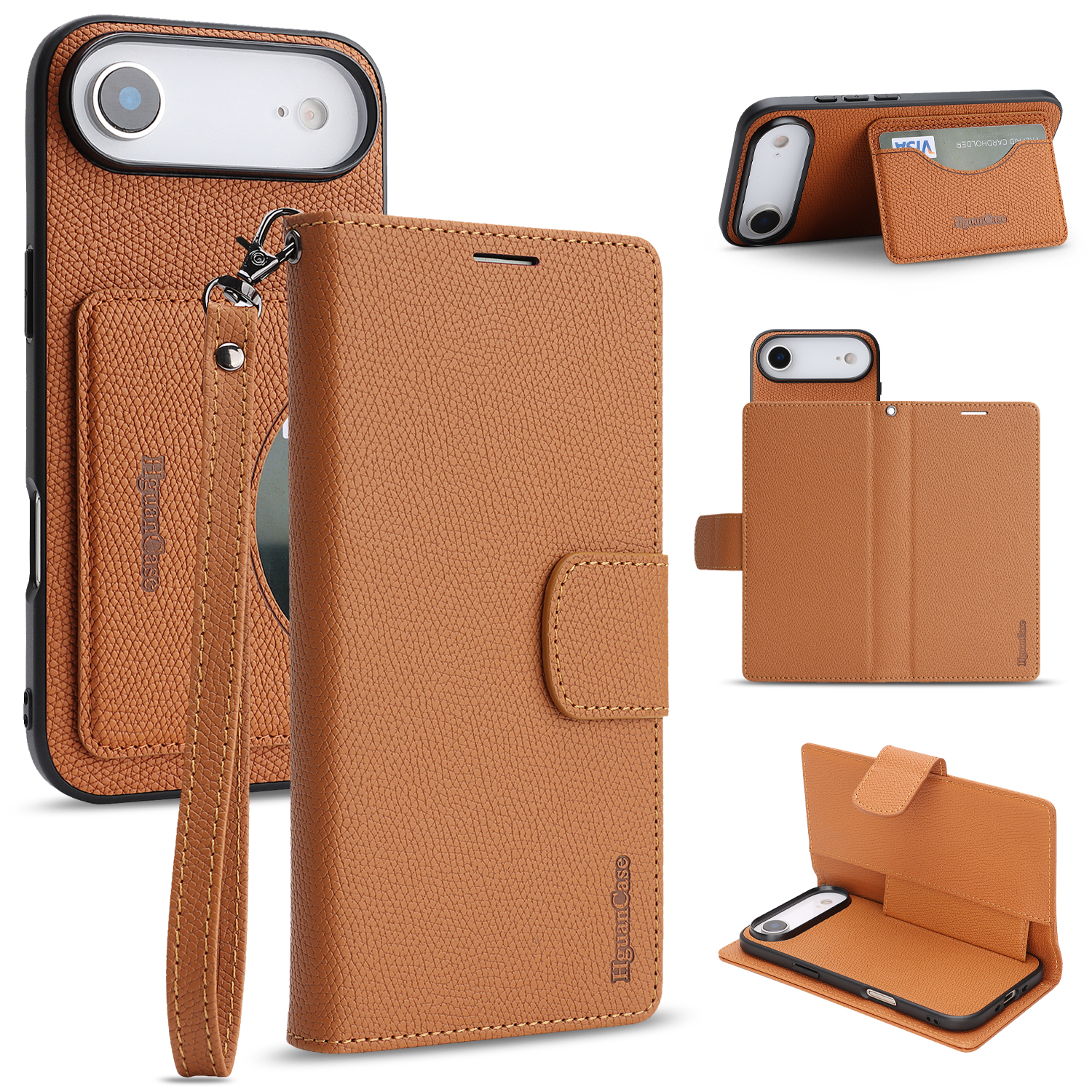 For iPhone Air HGUANCASE Case Wallet Stand Detachable Vintage Leather Phone Cover with Wrist Strap - Brown