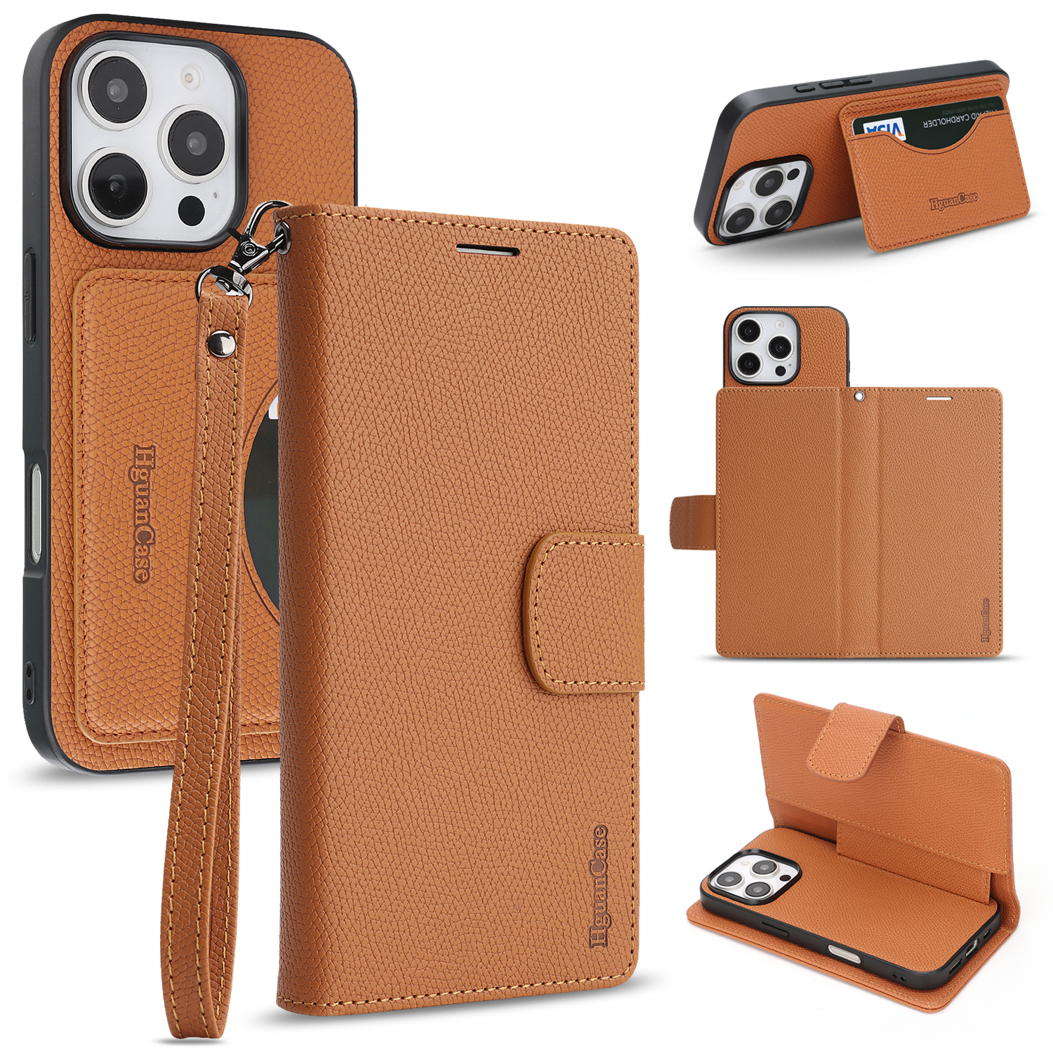 For iPhone 15 Pro Max HGUANCASE Case Wallet Stand Detachable Vintage Leather Phone Cover with Wrist Strap - Brown