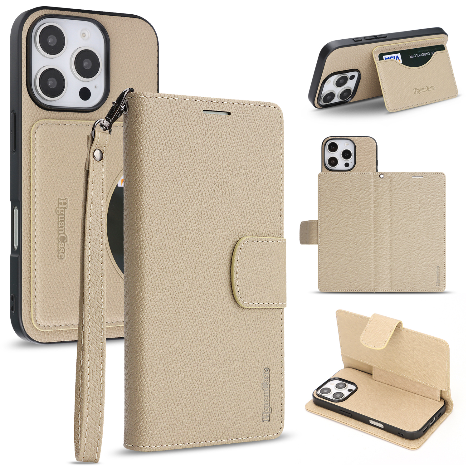 For iPhone 14 Pro Max HGUANCASE Case Wallet Stand Detachable Vintage Leather Phone Cover with Wrist Strap - Apricot
