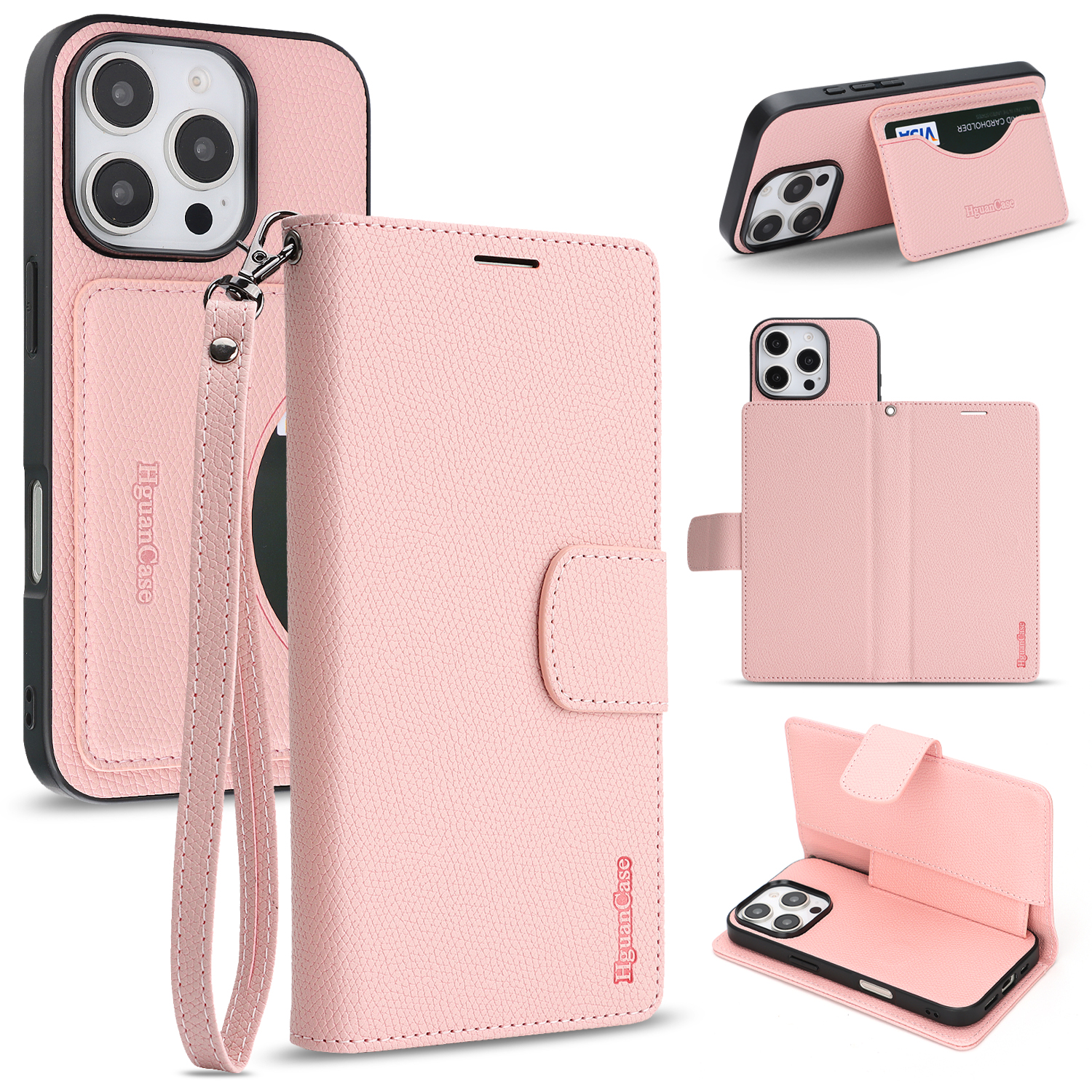 For iPhone 13 Pro HGUANCASE Case Wallet Stand Detachable Vintage Leather Phone Cover with Wrist Strap - Pink