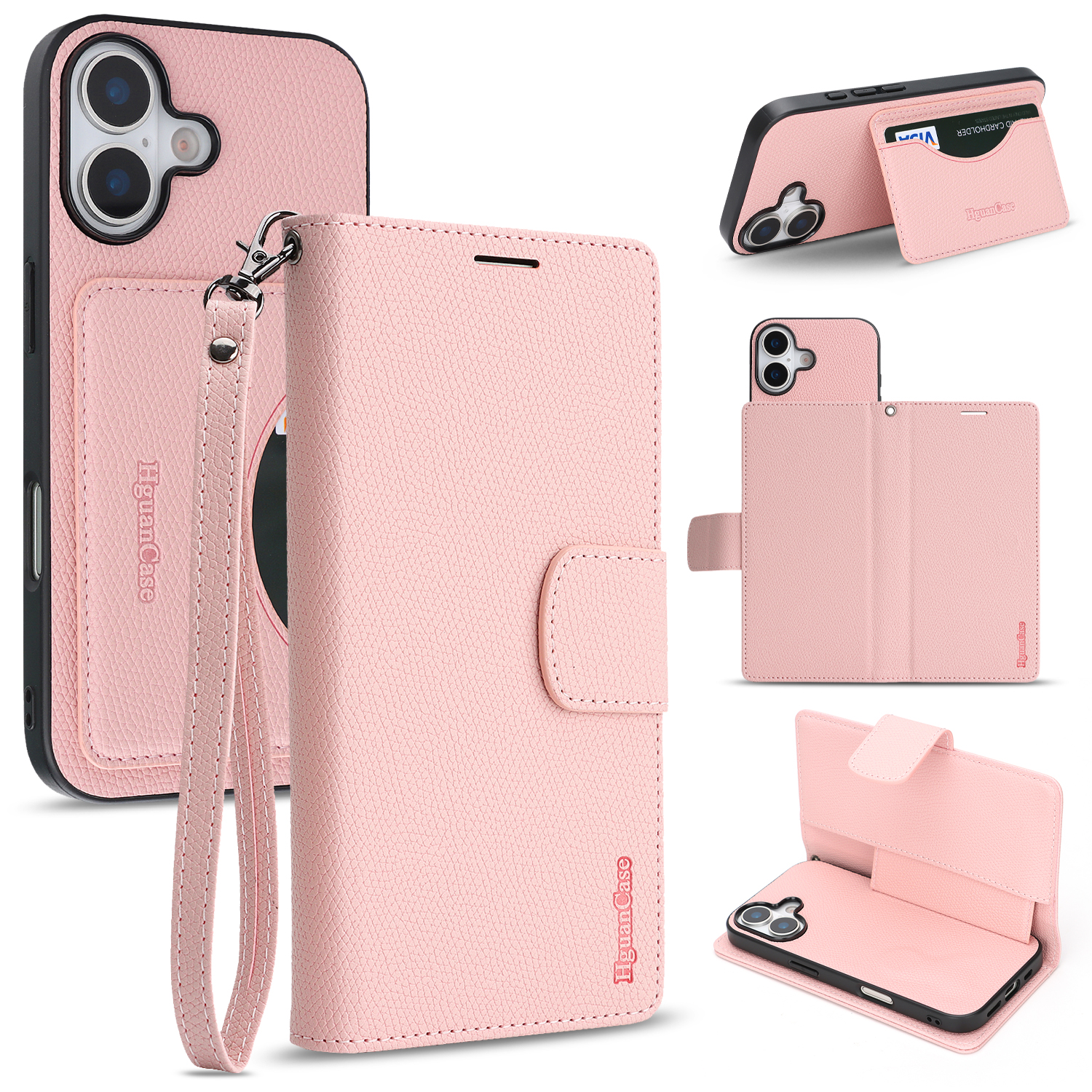 For iPhone 16 HGUANCASE Case Wallet Stand Detachable Vintage Leather Phone Cover with Wrist Strap - Pink