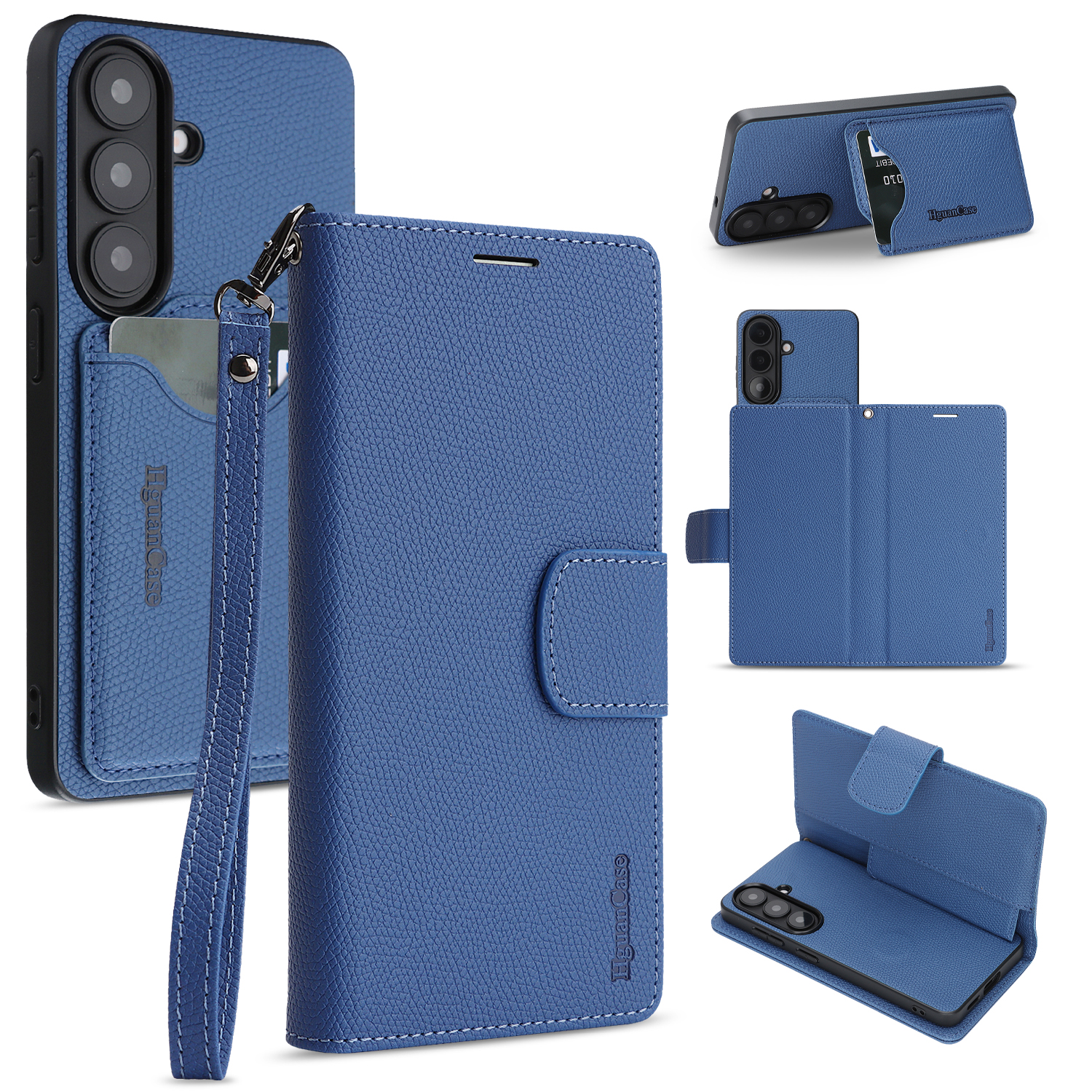 For Samsung Galaxy S26 HGUANCASE Case Wallet Stand Detachable Vintage Leather Phone Cover with Wrist Strap - Blue