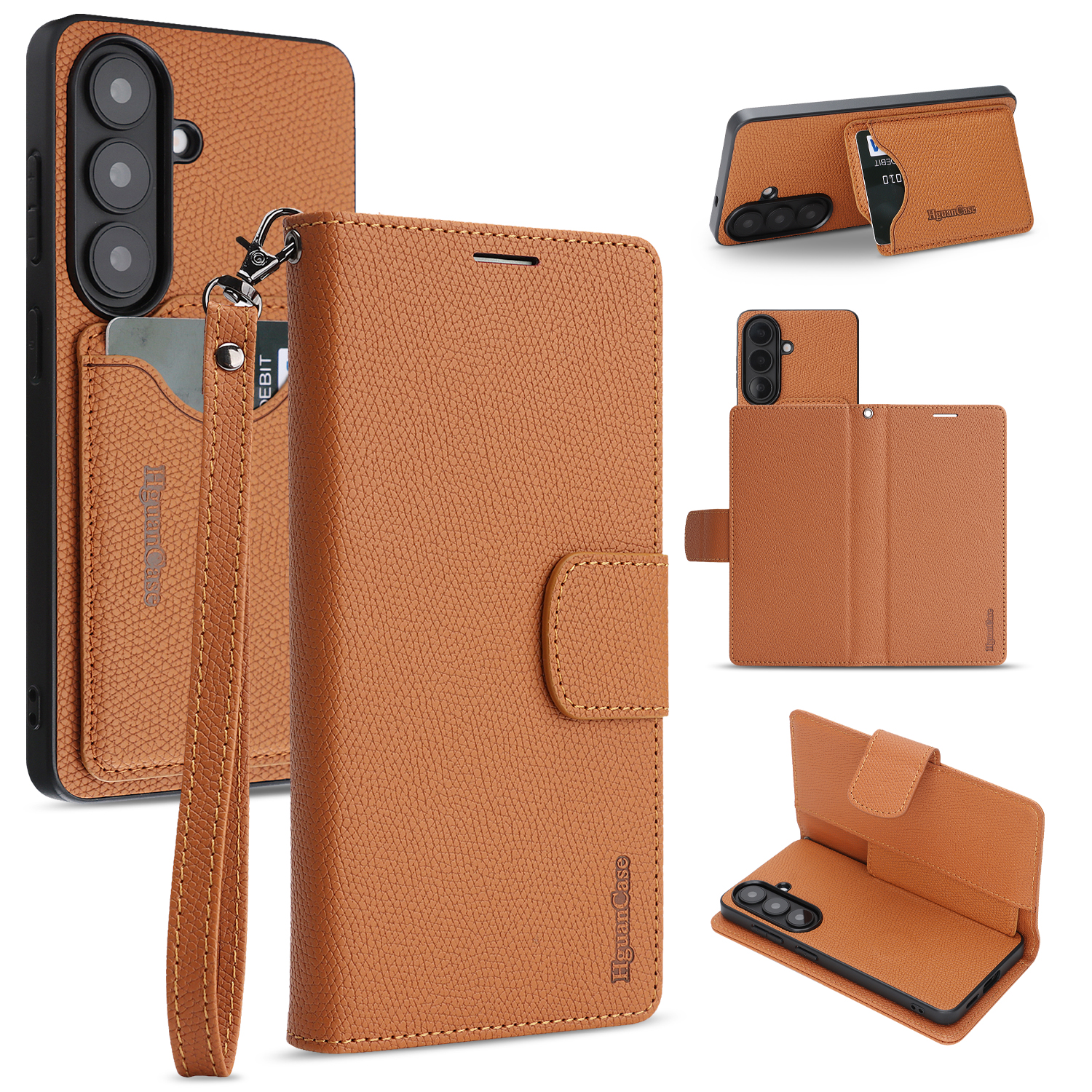 For Samsung Galaxy S26 HGUANCASE Case Wallet Stand Detachable Vintage Leather Phone Cover with Wrist Strap - Brown