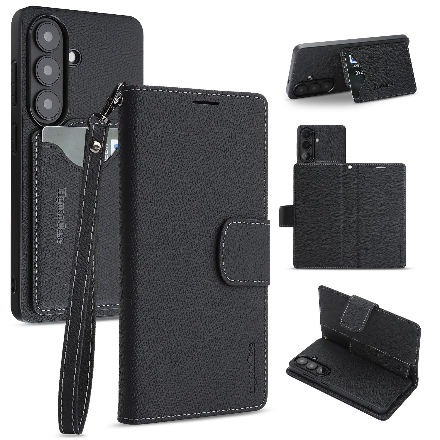 For Samsung Galaxy S24 HGUANCASE Case Wallet Stand Detachable Vintage Leather Phone Cover with Wrist Strap - Black