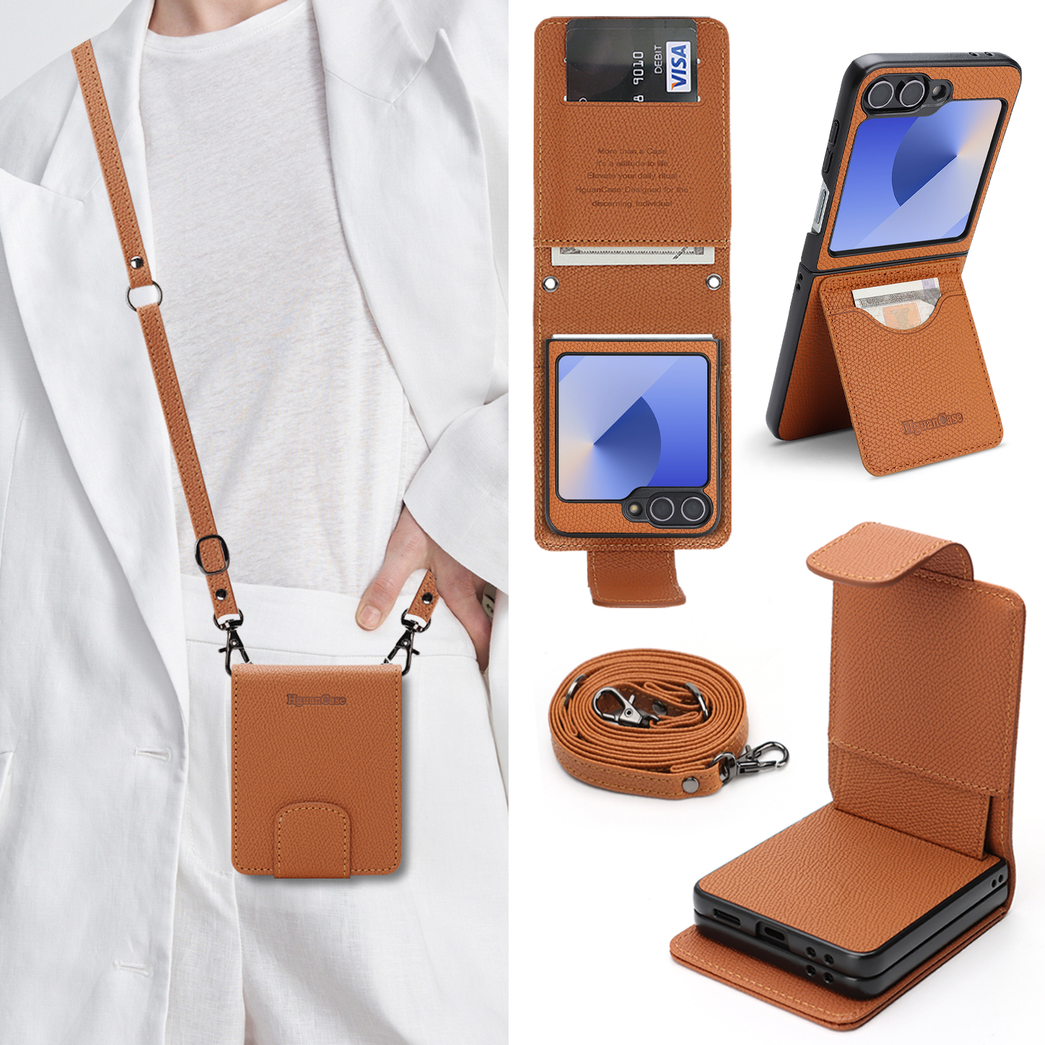 For Samsung Galaxy Z Flip7 FE 5G / Galaxy Z Flip6 5G HGUANCASE Case Wallet Stand Detachable Vintage Leather Phone Cover with Wrist Strap - Brown