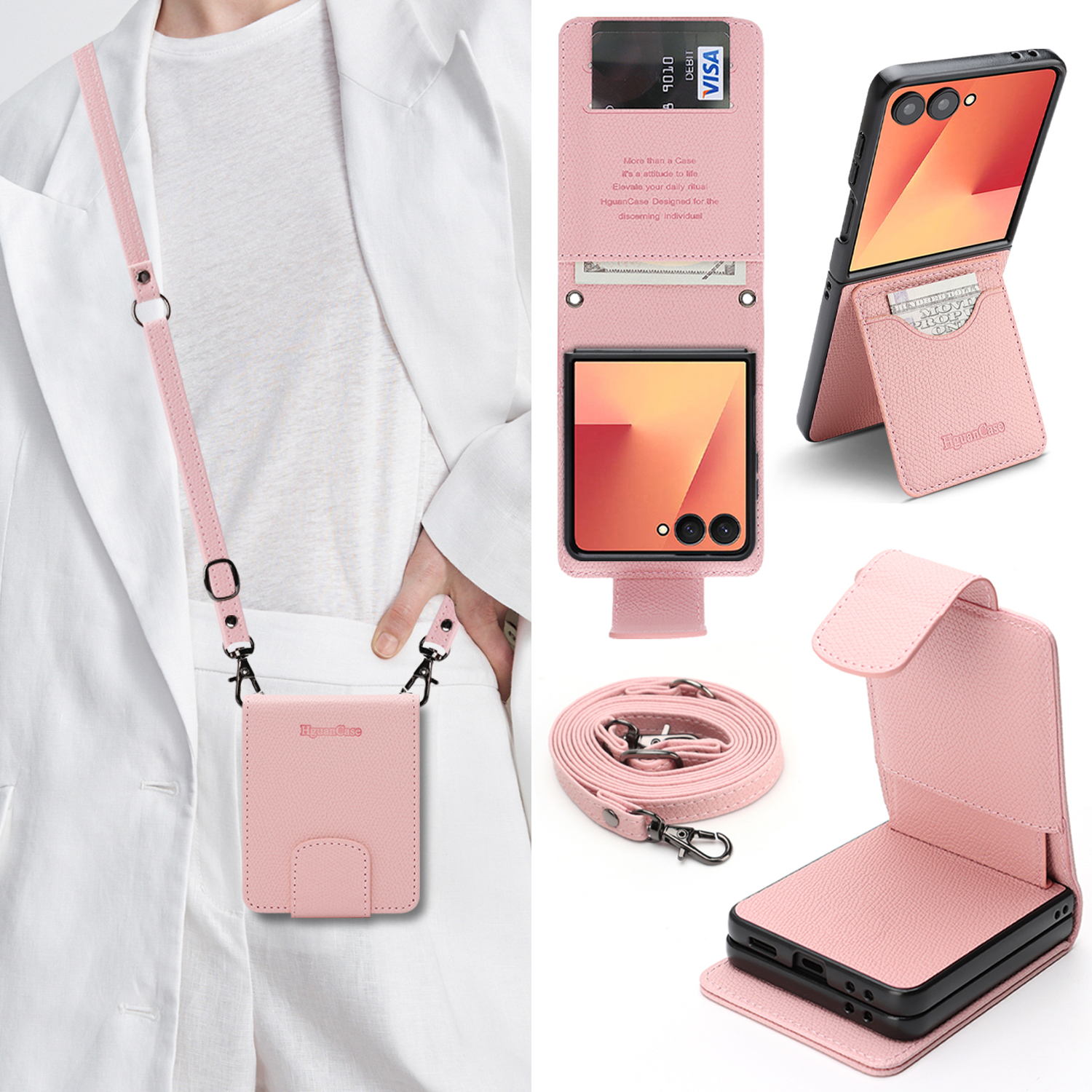 For Samsung Galaxy Z Flip7 5G HGUANCASE Case Wallet Stand Detachable Vintage Leather Phone Cover with Wrist Strap - Pink