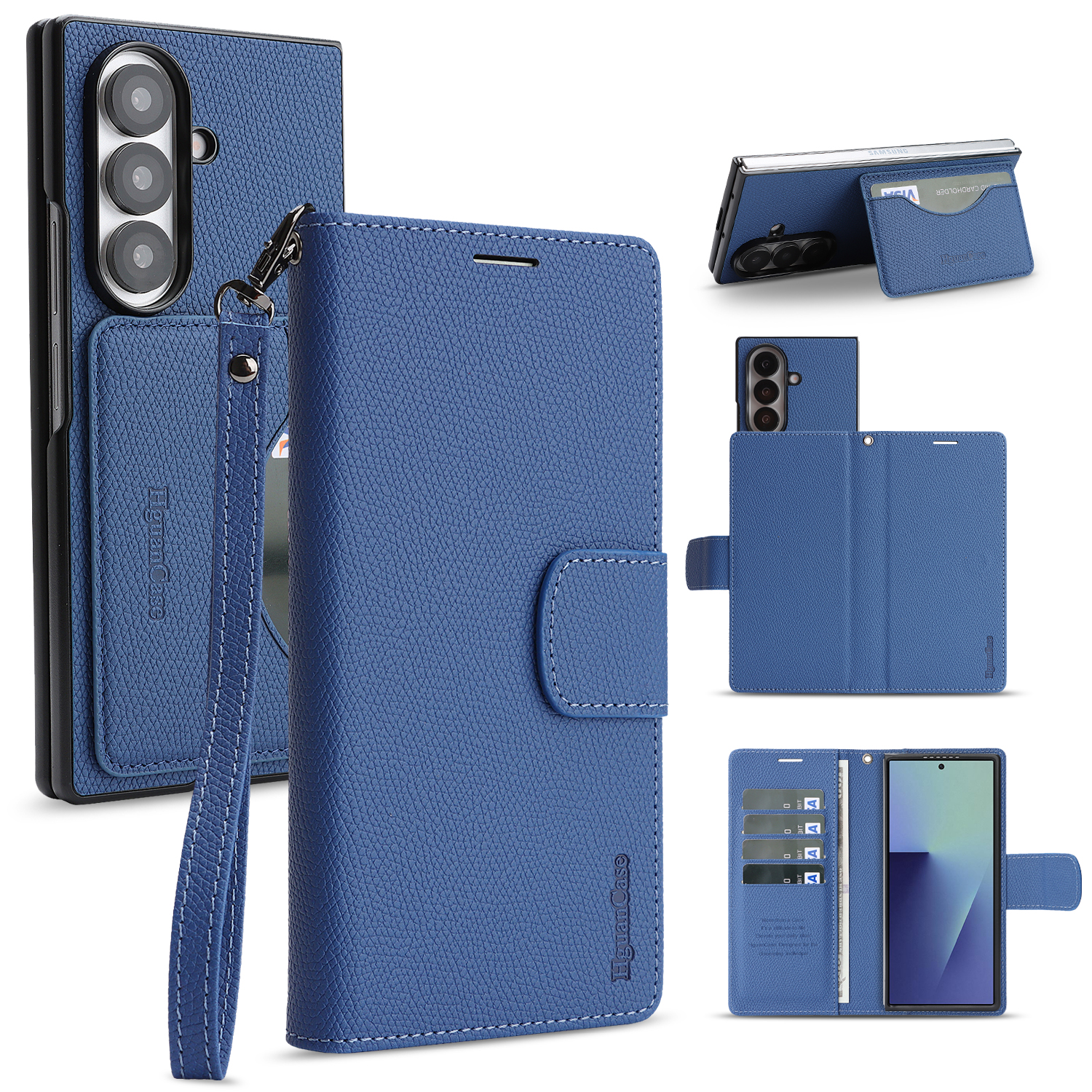 For Samsung Galaxy Z Fold7 5G HGUANCASE Case Wallet Stand Detachable Vintage Leather Phone Cover with Wrist Strap - Blue