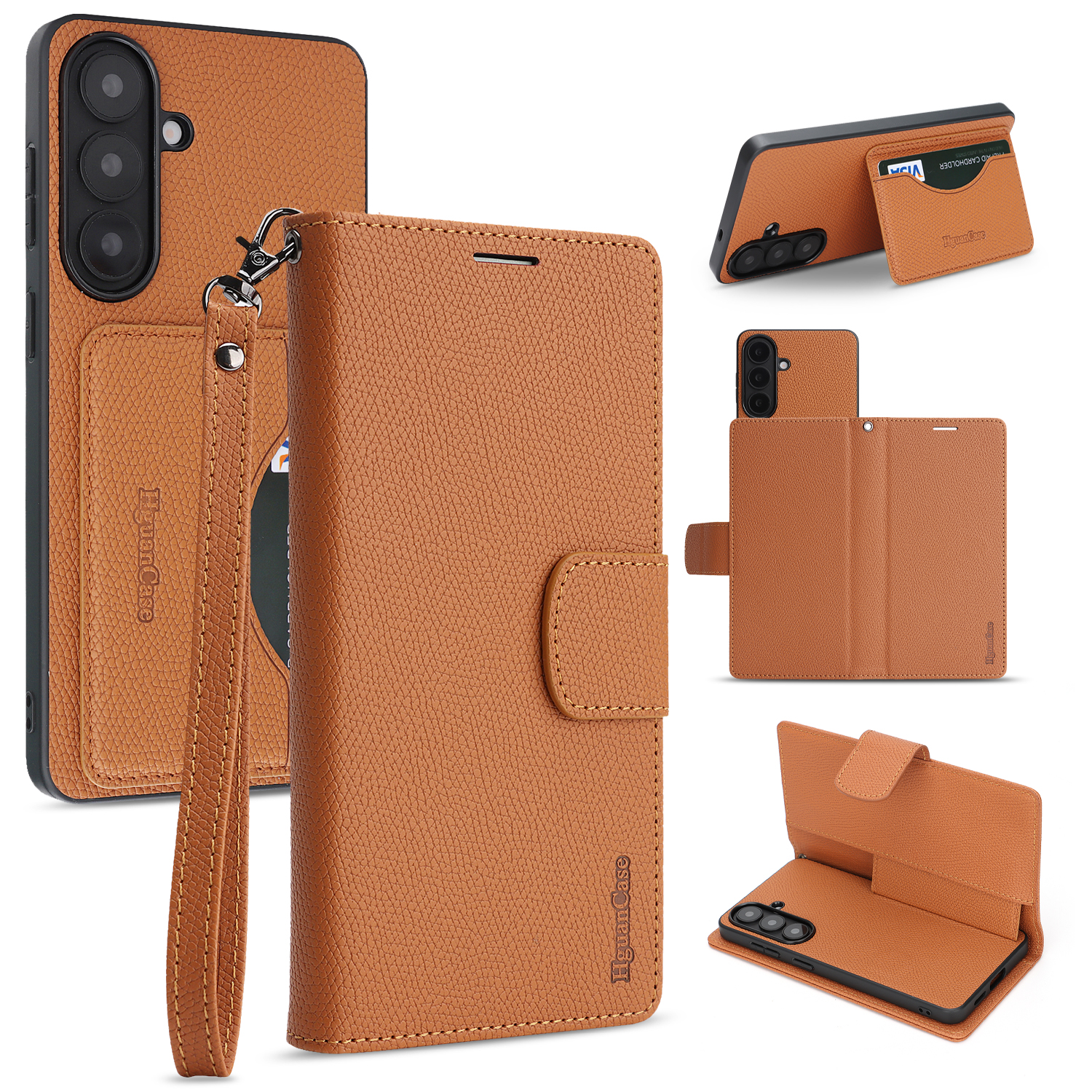 For Samsung Galaxy A37 5G HGUANCASE Case Wallet Stand Detachable Vintage Leather Phone Cover with Wrist Strap - Brown