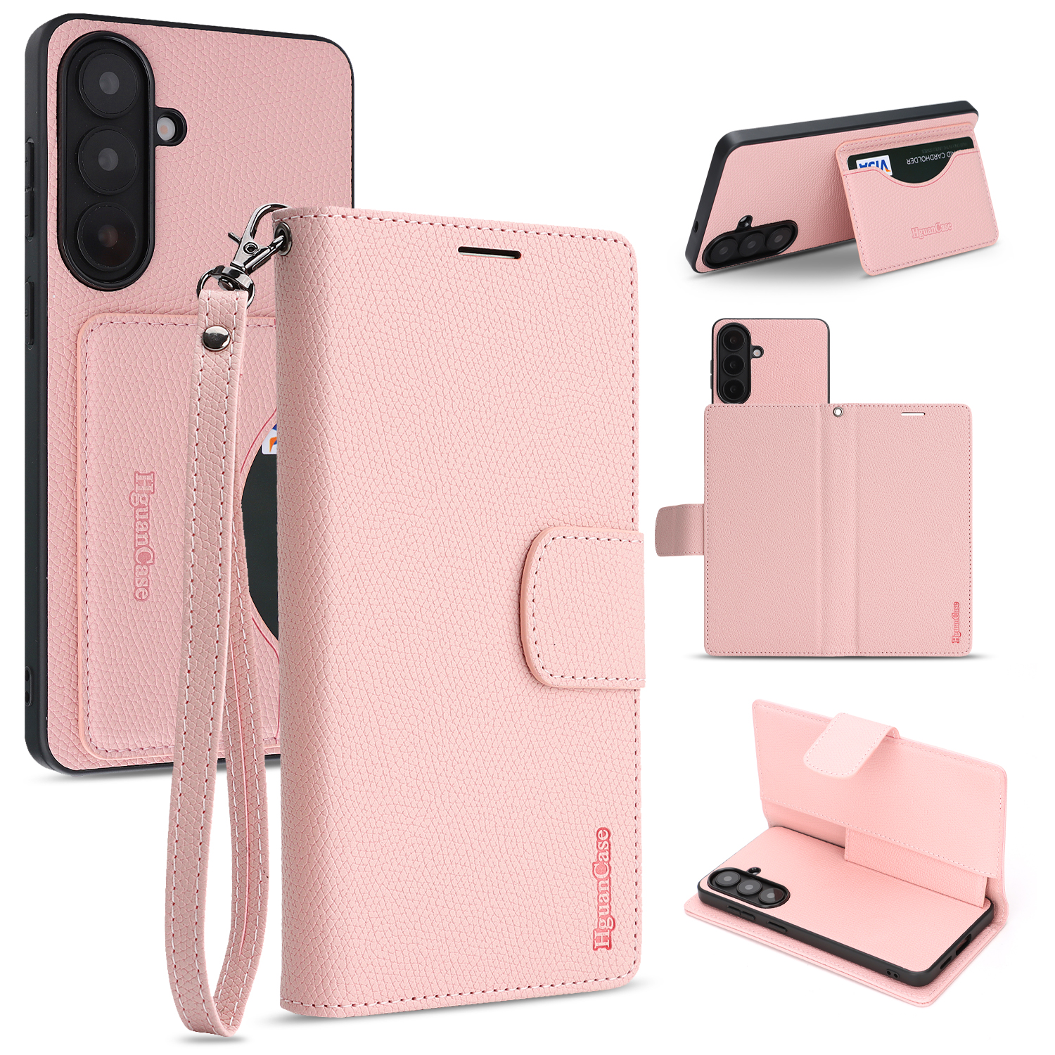 For Samsung Galaxy A55 5G HGUANCASE Case Wallet Stand Detachable Vintage Leather Phone Cover with Wrist Strap - Pink