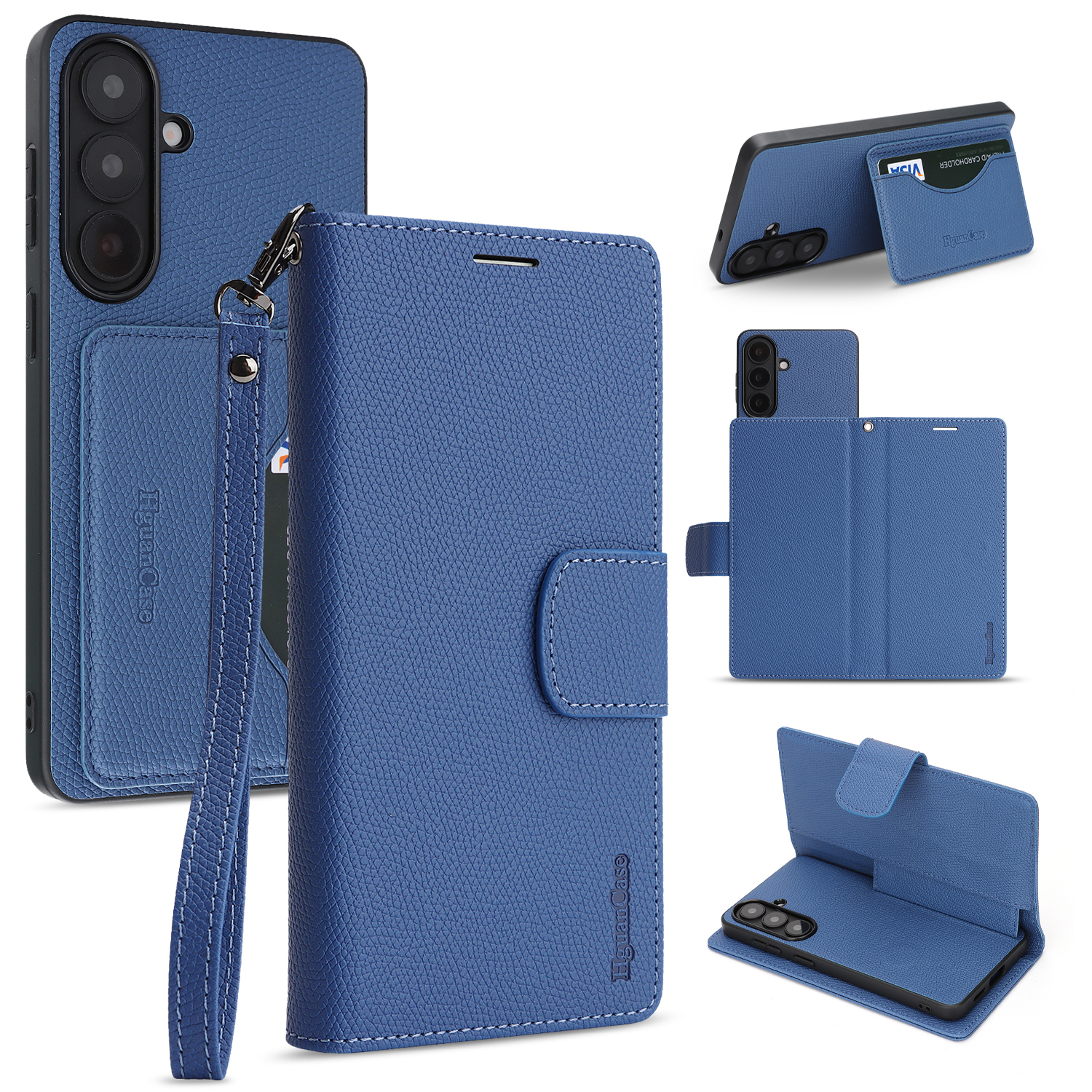 For Samsung Galaxy A55 5G HGUANCASE Case Wallet Stand Detachable Vintage Leather Phone Cover with Wrist Strap - Blue